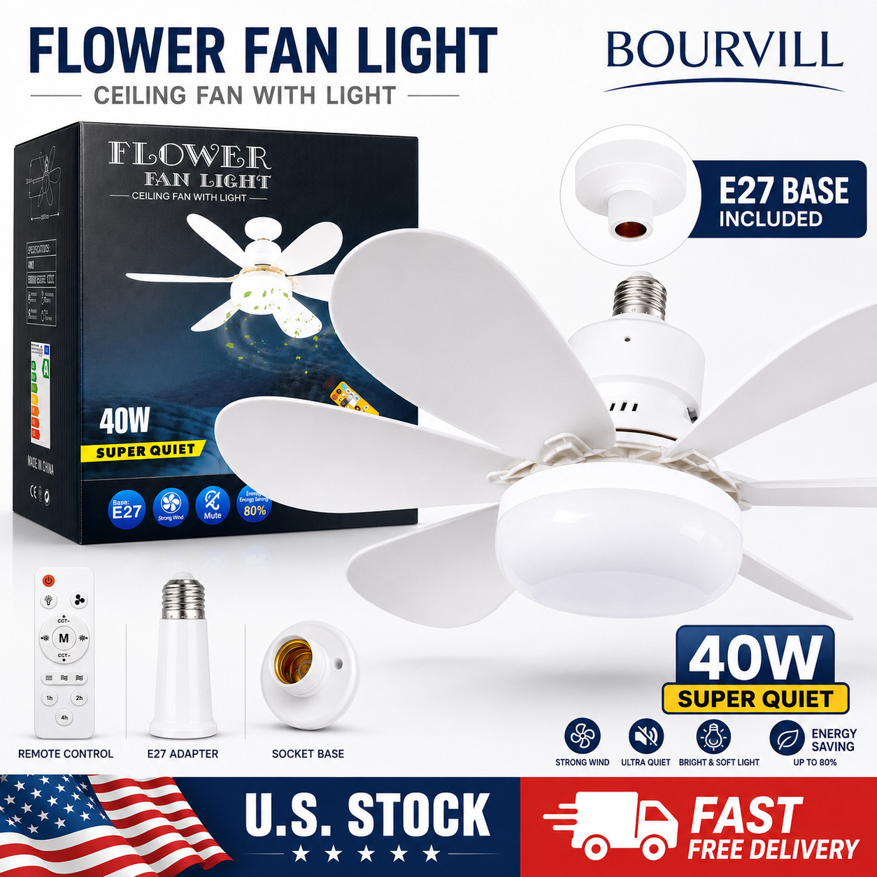Socket Fan Light Ceiling Fans With Lights And Remote Dimmable LED Ceiling Fan US