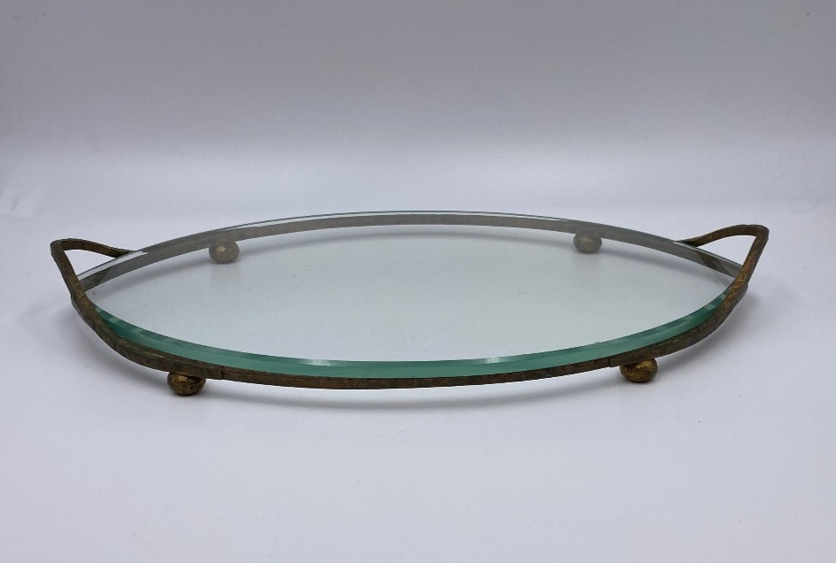 Antique Glass Oval Mirror w/ Metal Base Vanity Tray As Is
