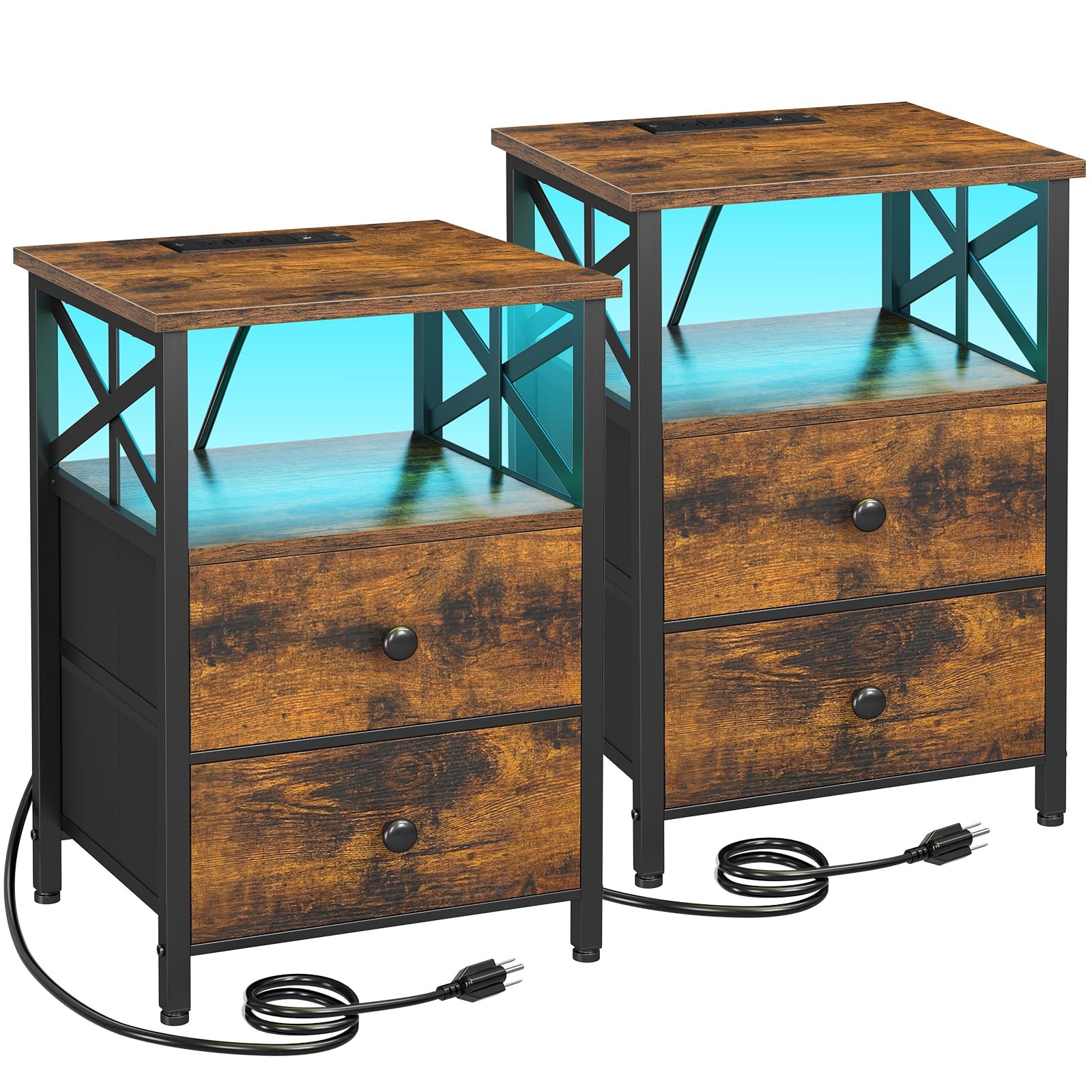 AMHANCIBLE Night Stand Set 2, LED 15.75"D x 13.78"W x 23.62"H, Rustic Brown