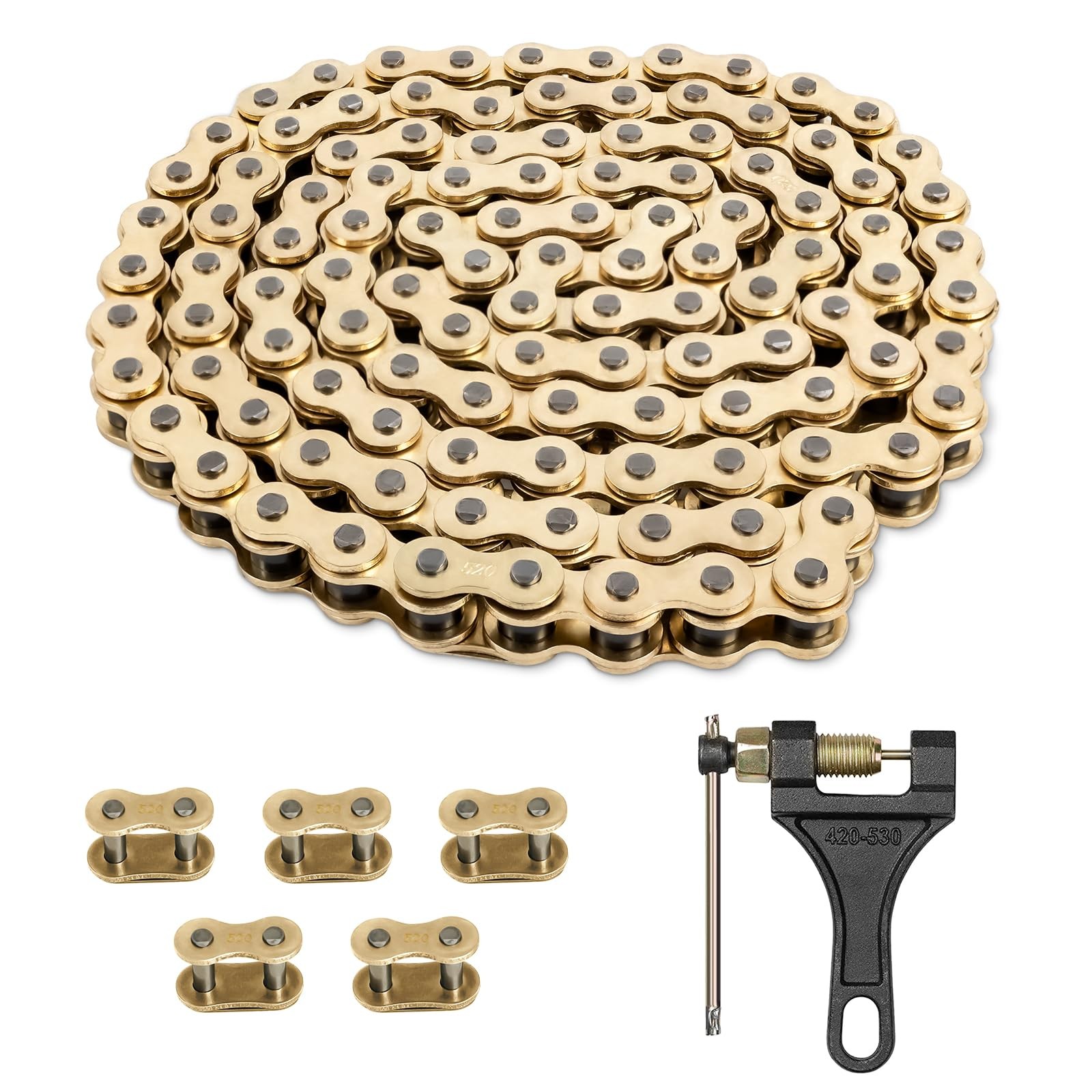 Belleone 520 Gold Motorcycle Chain 112 Links with Breaker, 520 112Link