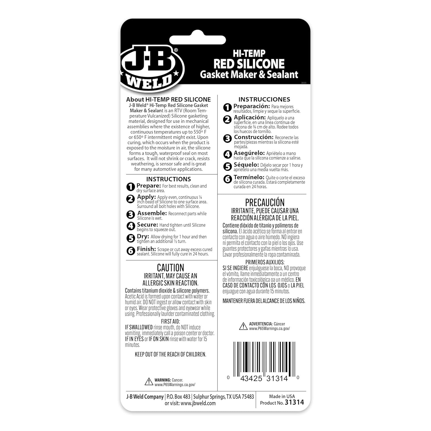 31314 Red Silicone Gasket Maker - Heat Resistant - 3oz