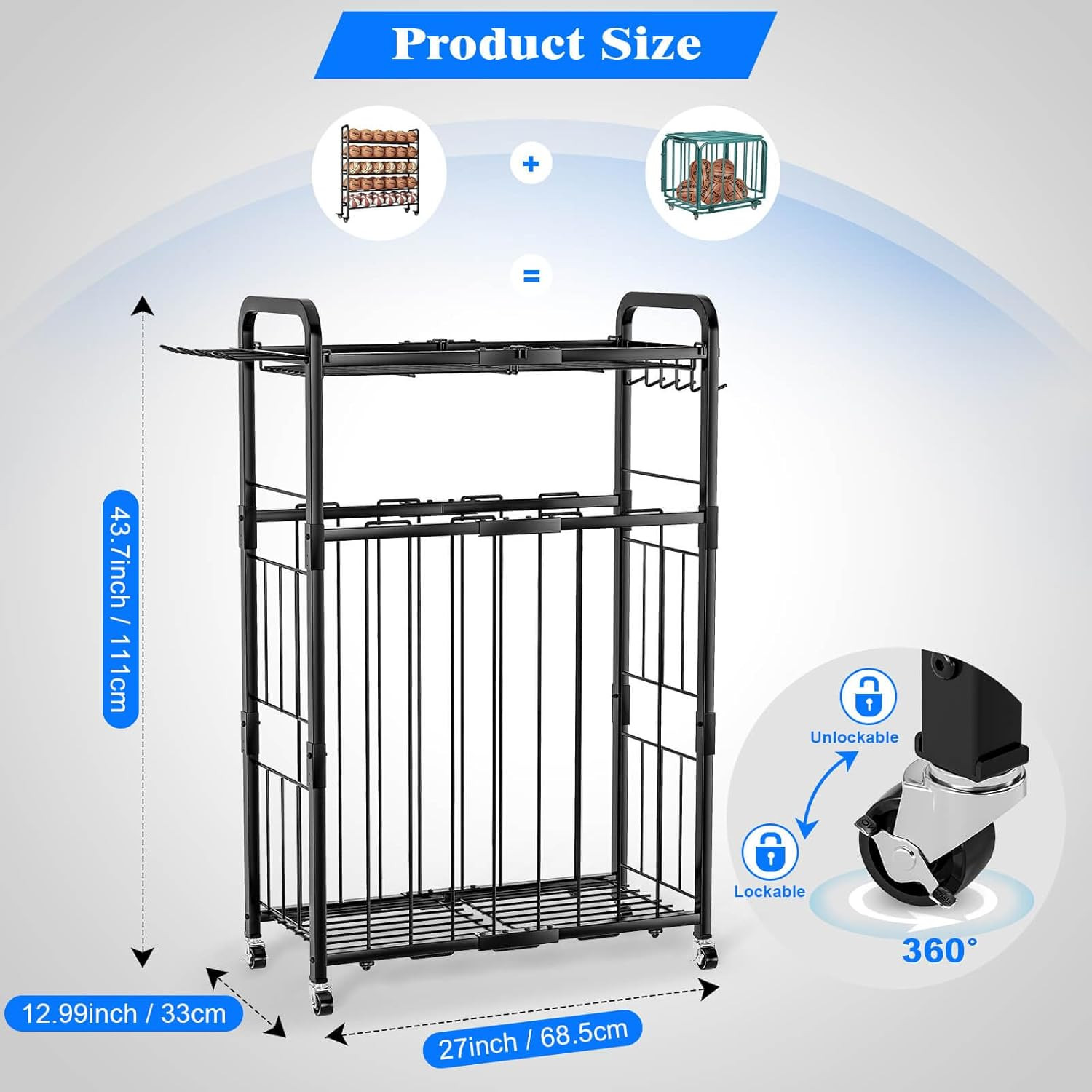 Garage Ball Storage Rack - Sports Equipment Organizer with Wheels, Rolling Sport