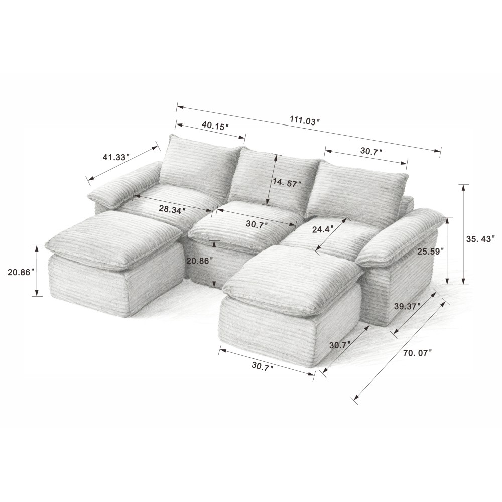 Modern Corduroy Cloud Sofa w/ Comfortable Seating, 5-Seat Sectional