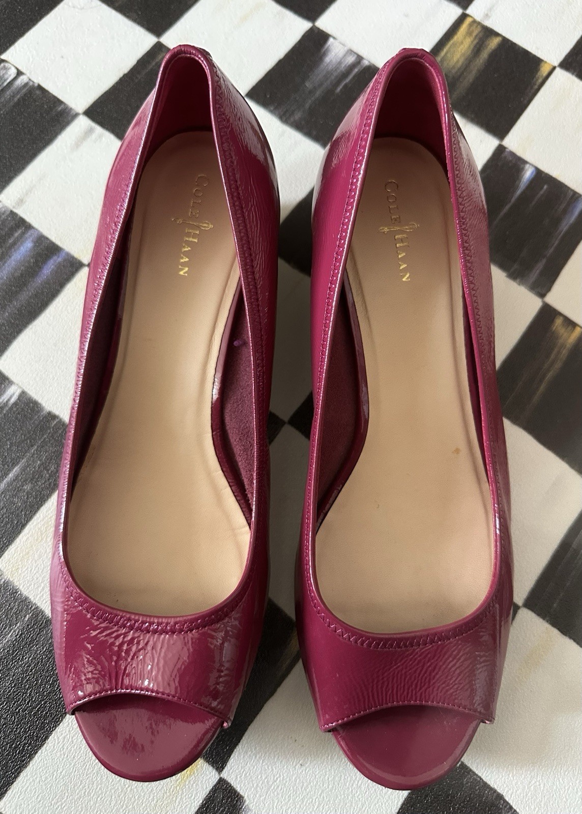Cole Haan Air 10 Raspberry Red Open Toe Patent Leather Sandals Wedge Heels
