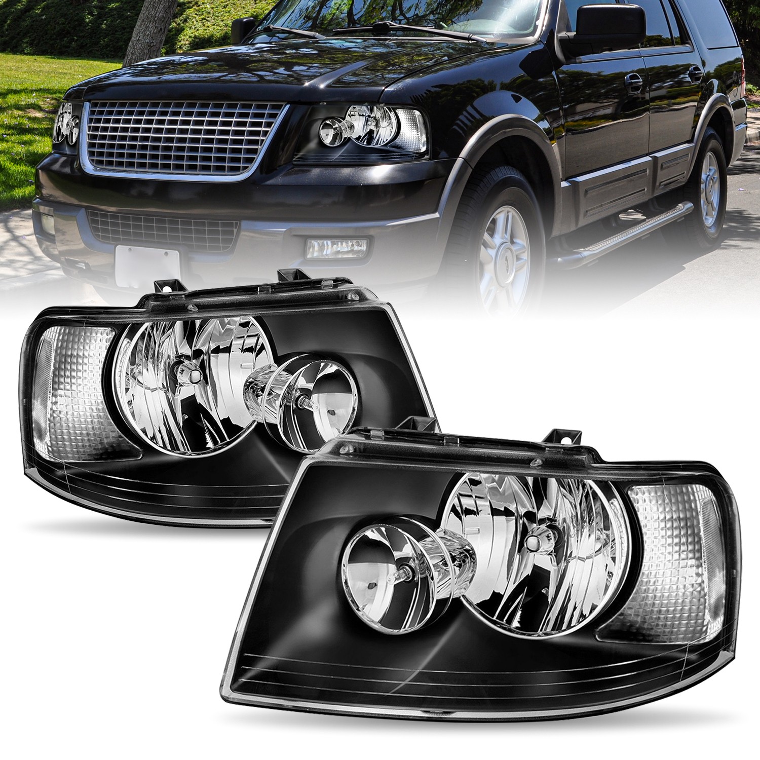 For 2003-2006 Ford Expedition Black Clear Headlights Assembly Pair W/Bulbs