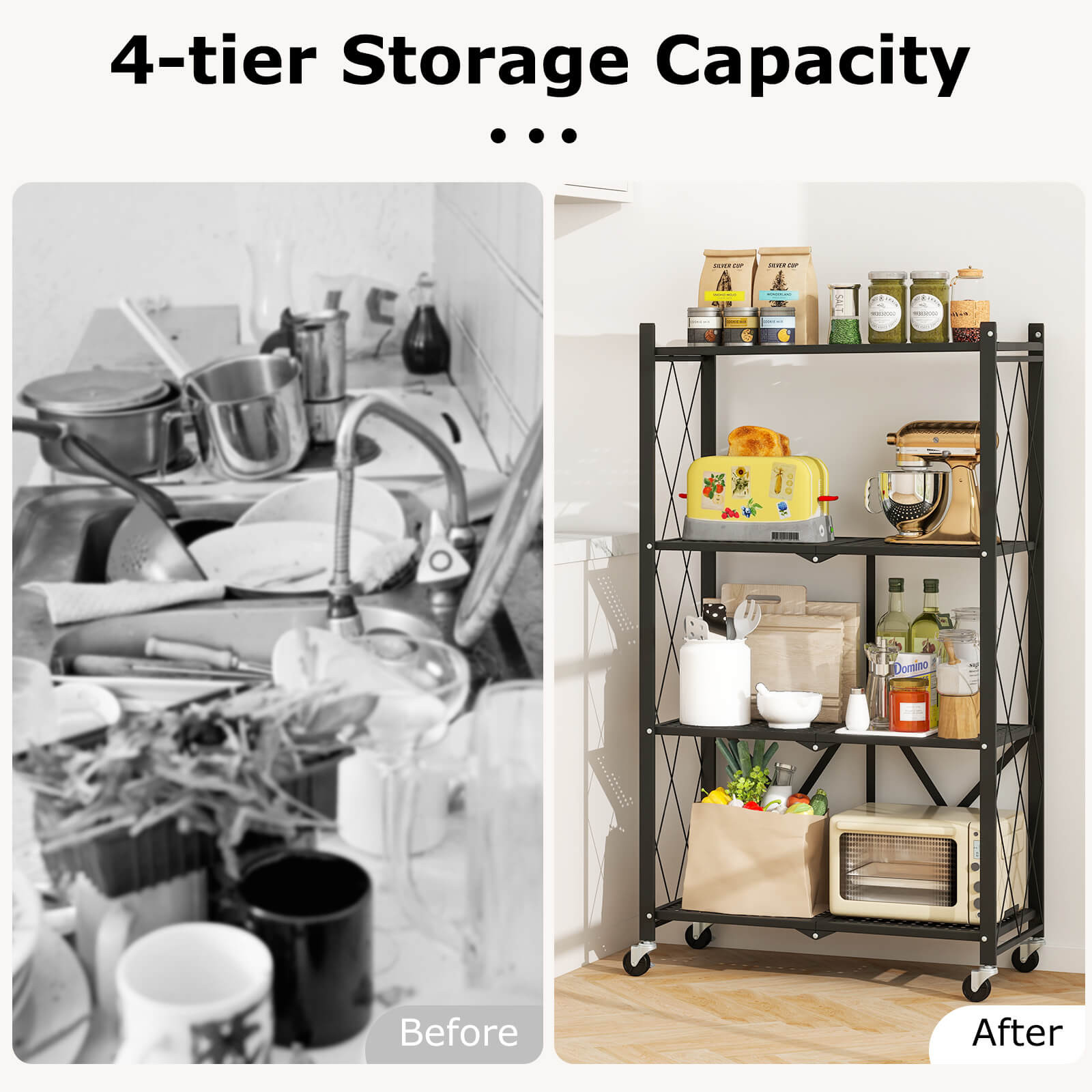 2PCS 4-tier Foldable Storage Shelving Unit w/4 Universal Wheels for Kitchen