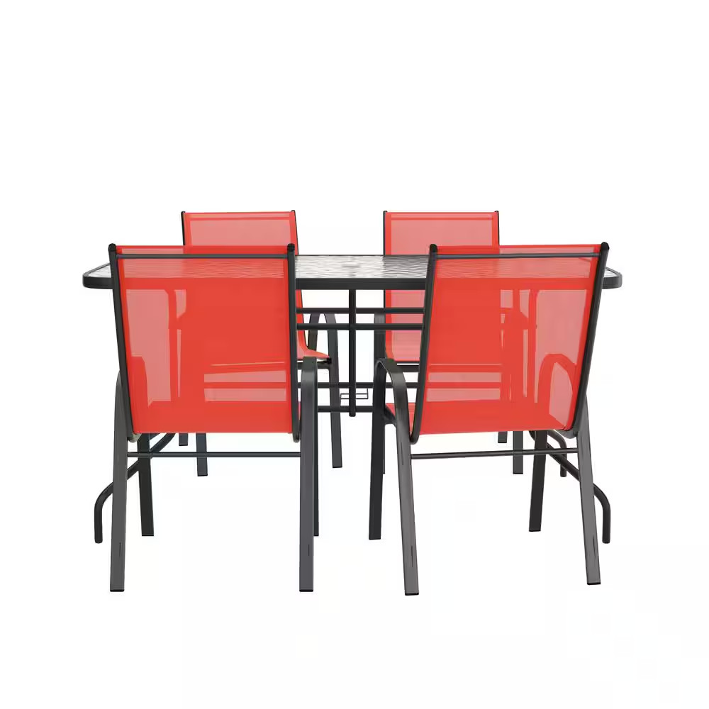 Brazos Red 5-Piece Metal Rectangular Table and 4-Red Flex Comfort Stack Chairs O