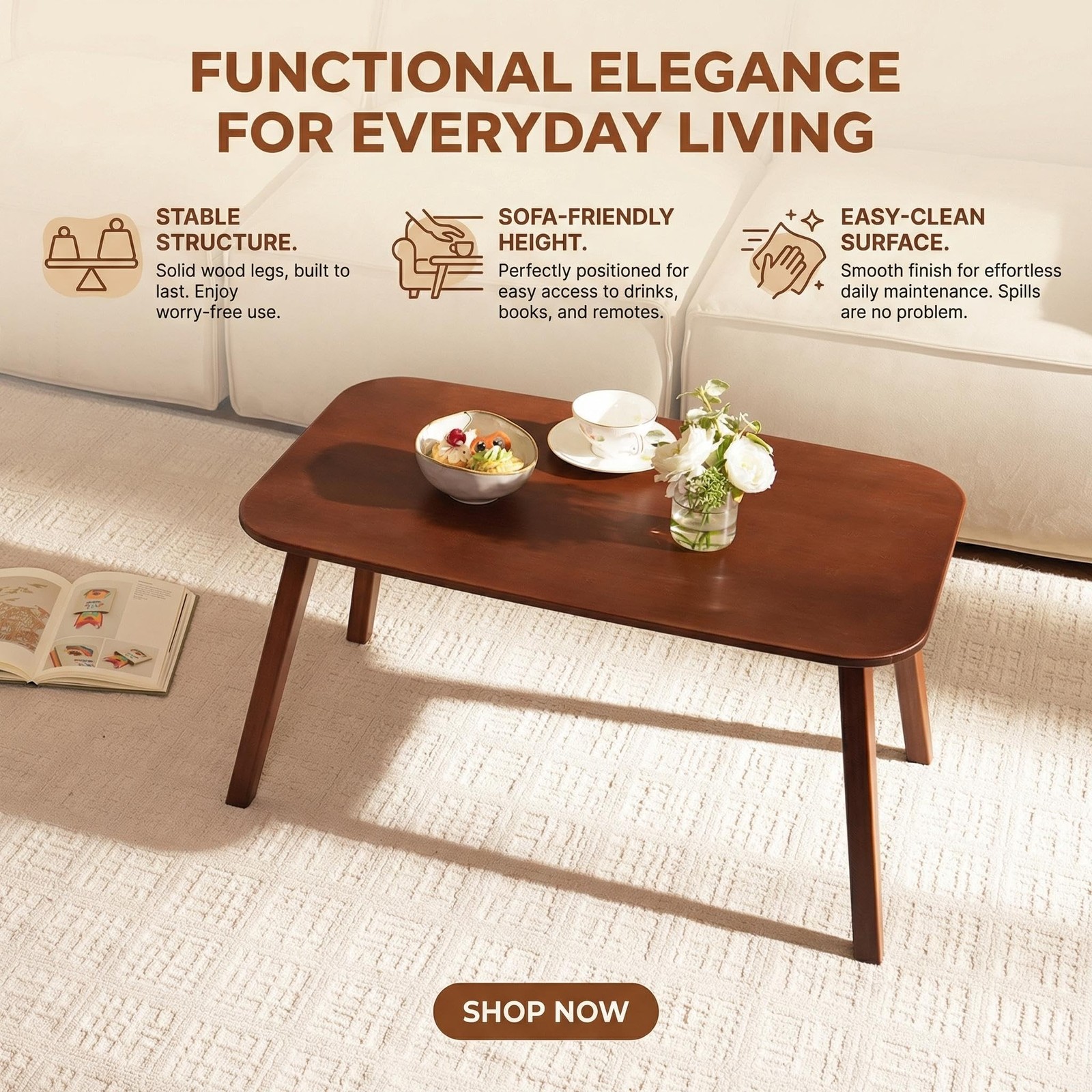 Coffee Table Foldable Mid Century Desk TV Stand with Open Storage Shelf Cente...