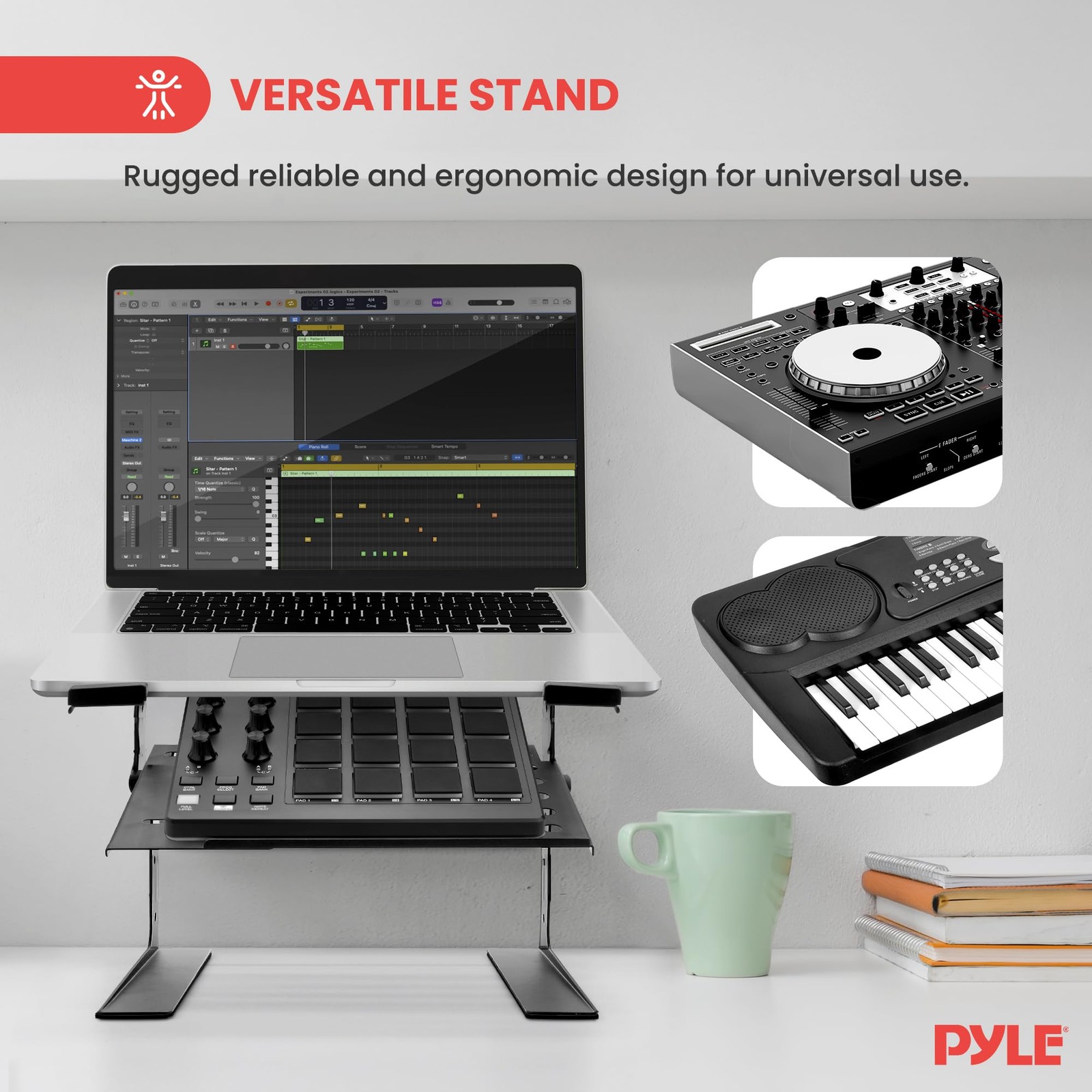 Pyle DJ Laptop Stand with Storage Shelf, Portable Adjustable Computer Black