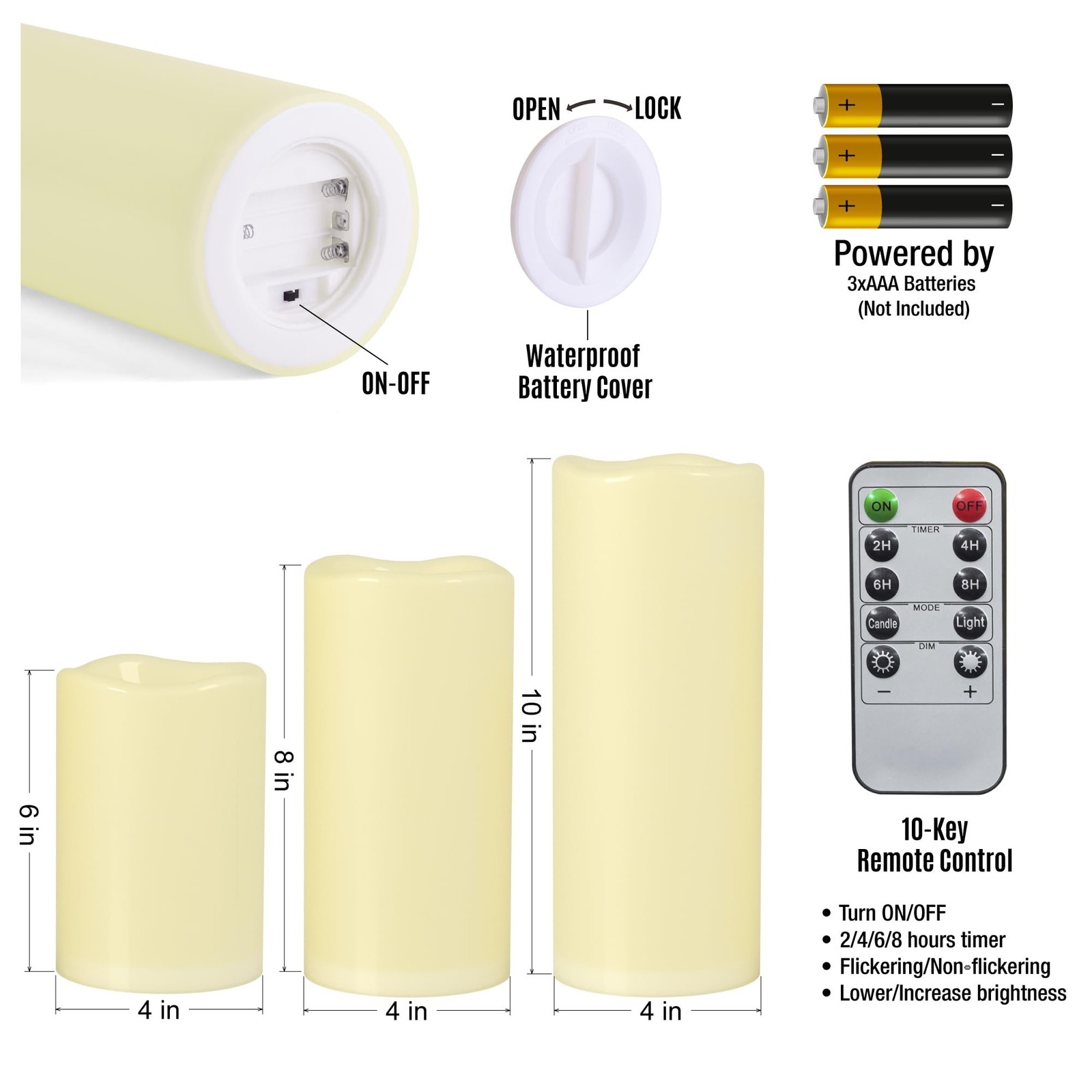 6" 8" 10" x 4" Ivory Large Waterproof Outdoor Flameless Candles Battery Opera...