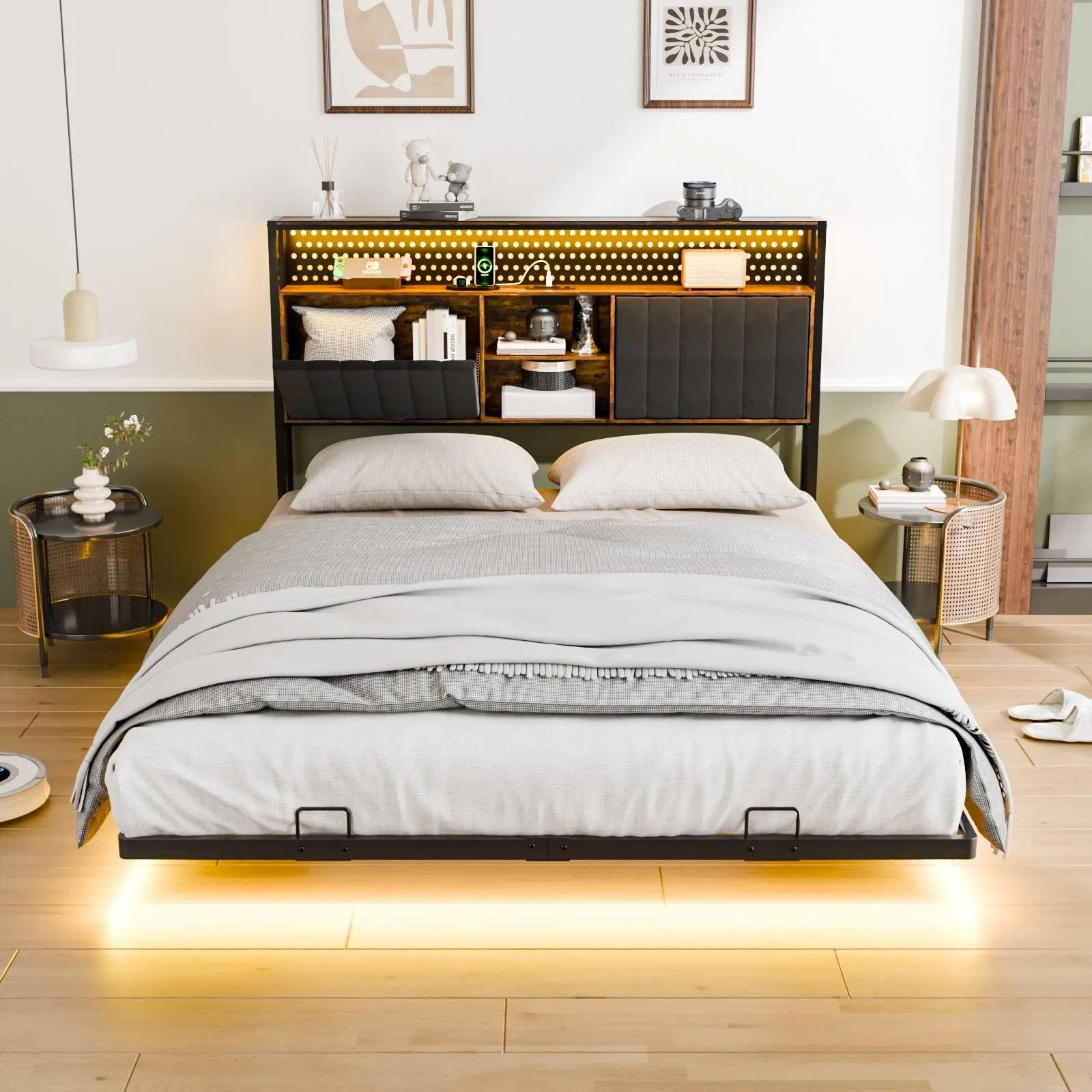 QUEEN SIZE Floating Platform Bed Frame With Charging Station Storage Headboard