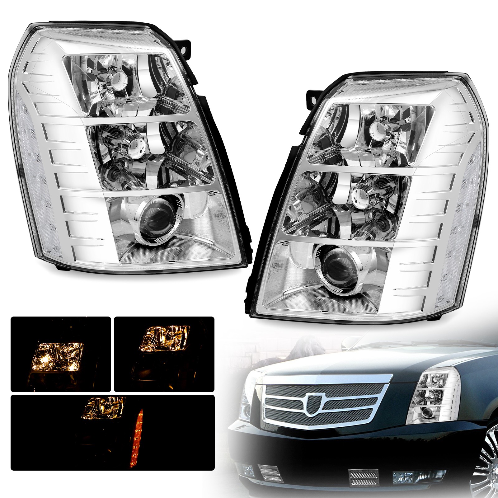 Chrome HID/Xenon Projector Headlights For 2007-2014 Cadillac Escalade Headlamps