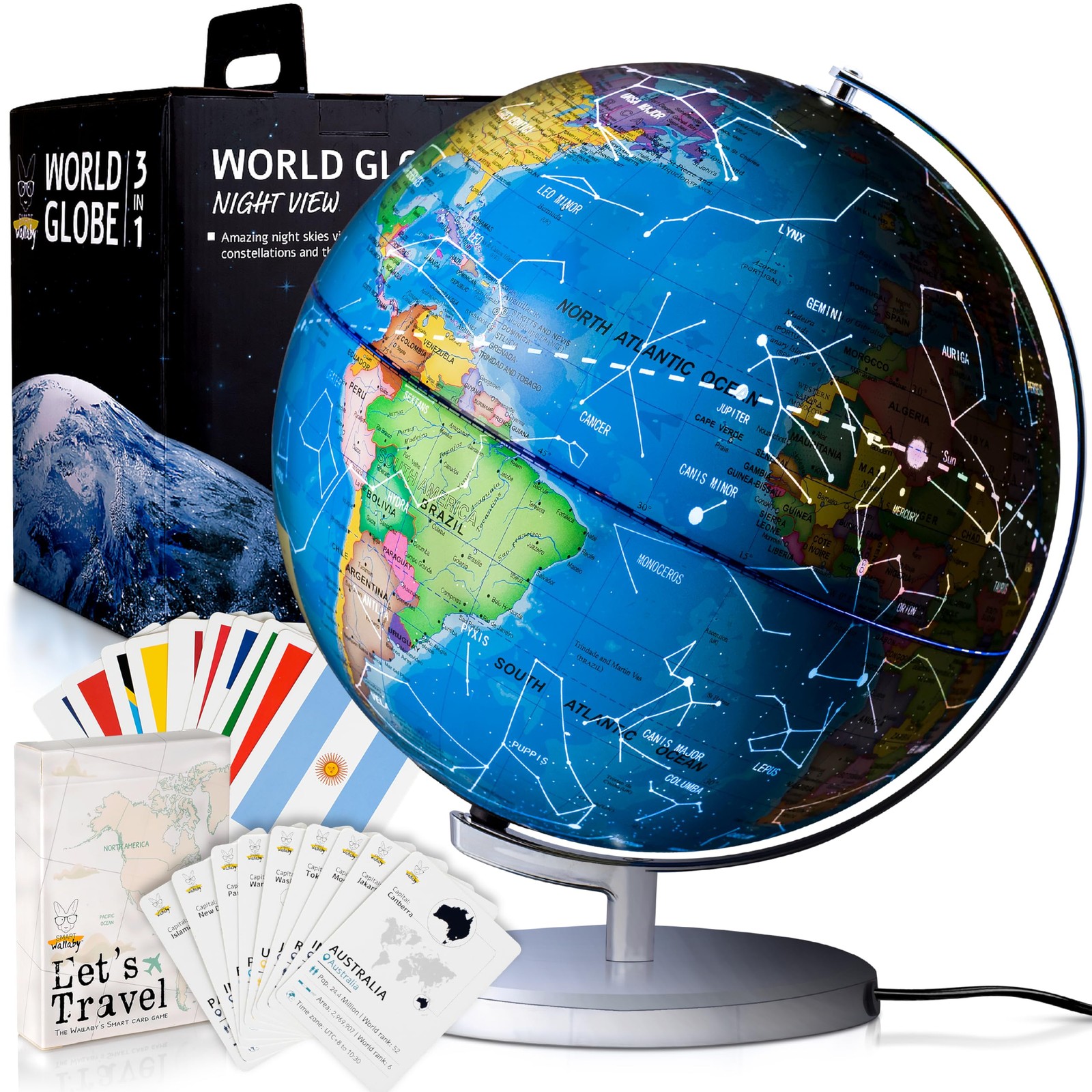 SMART WALLABY 9" Illuminated Educational Kids World Globe + STEM Flags & Coun...