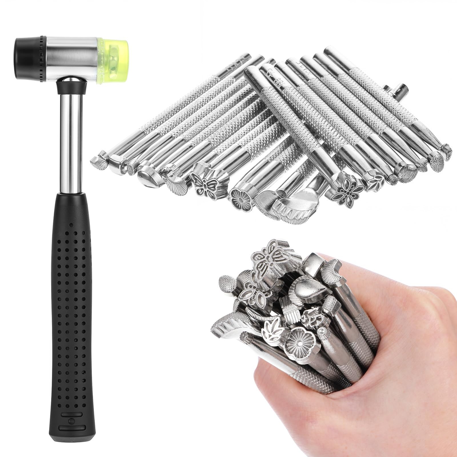 21 PCS Leather Stamping Tools, Leather Stamping Kit with Rubber Hammer, 20 Di...