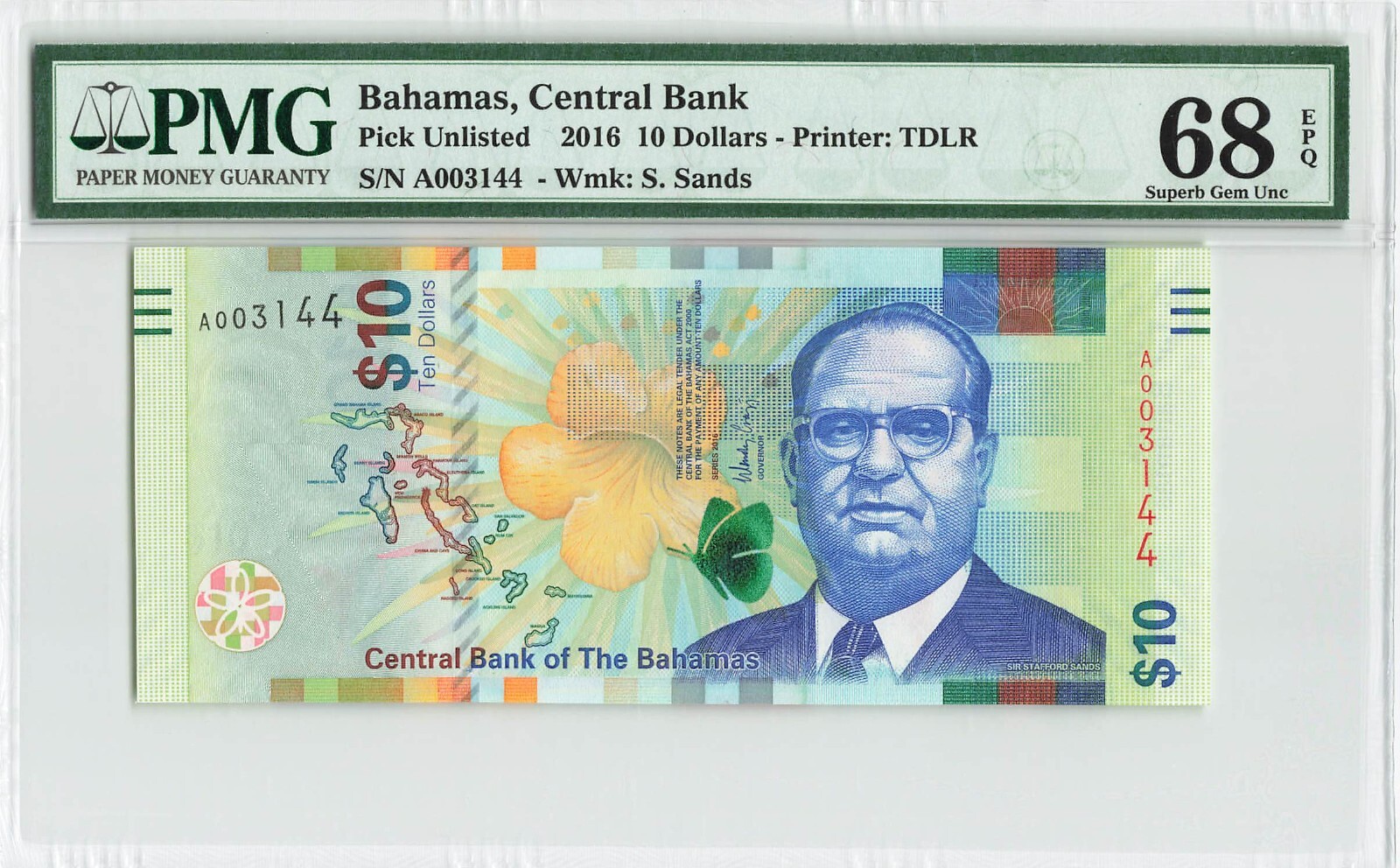 BAHAMAS $10 Dollars 2016, P-79a, A003144 Low S/N, PMG 68 EPQ Superb Gem UNC.