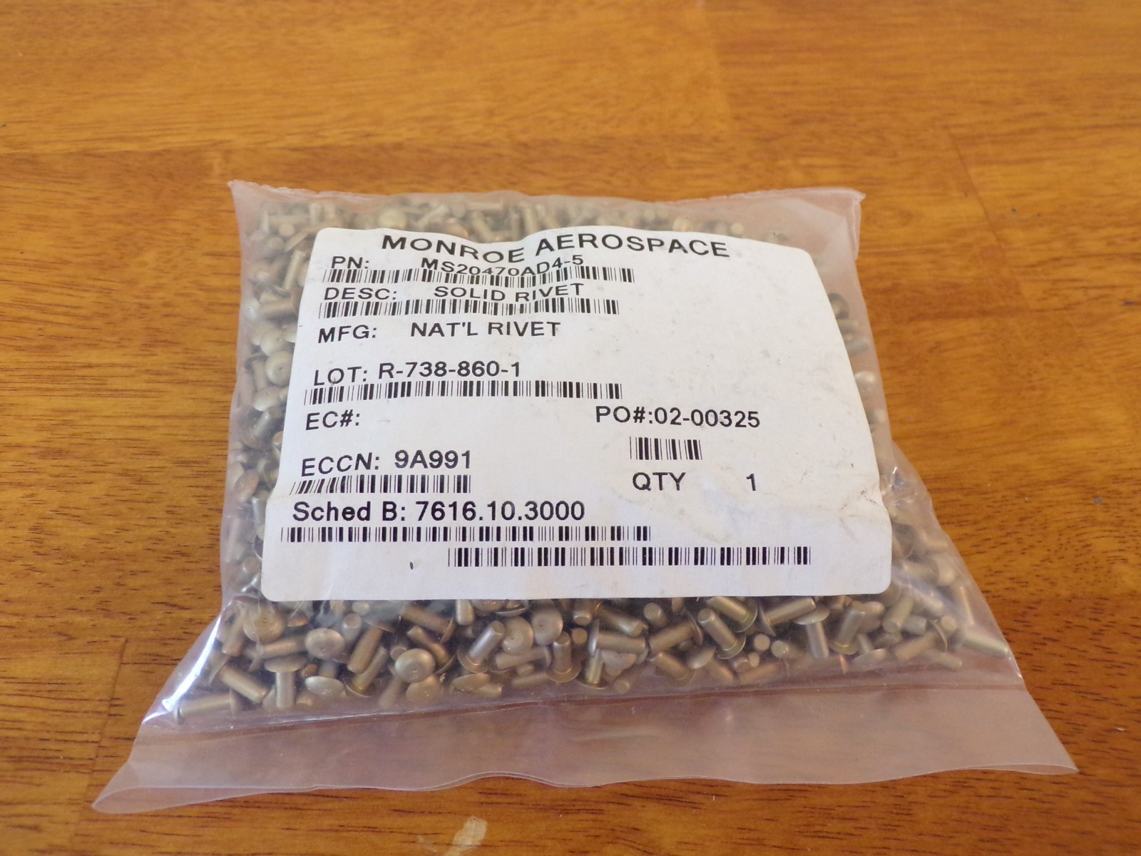 Aircraft Aluminum Rivets MS20470AD4-5 (Sale for 100) Manufacturer: NAT'L RIVET