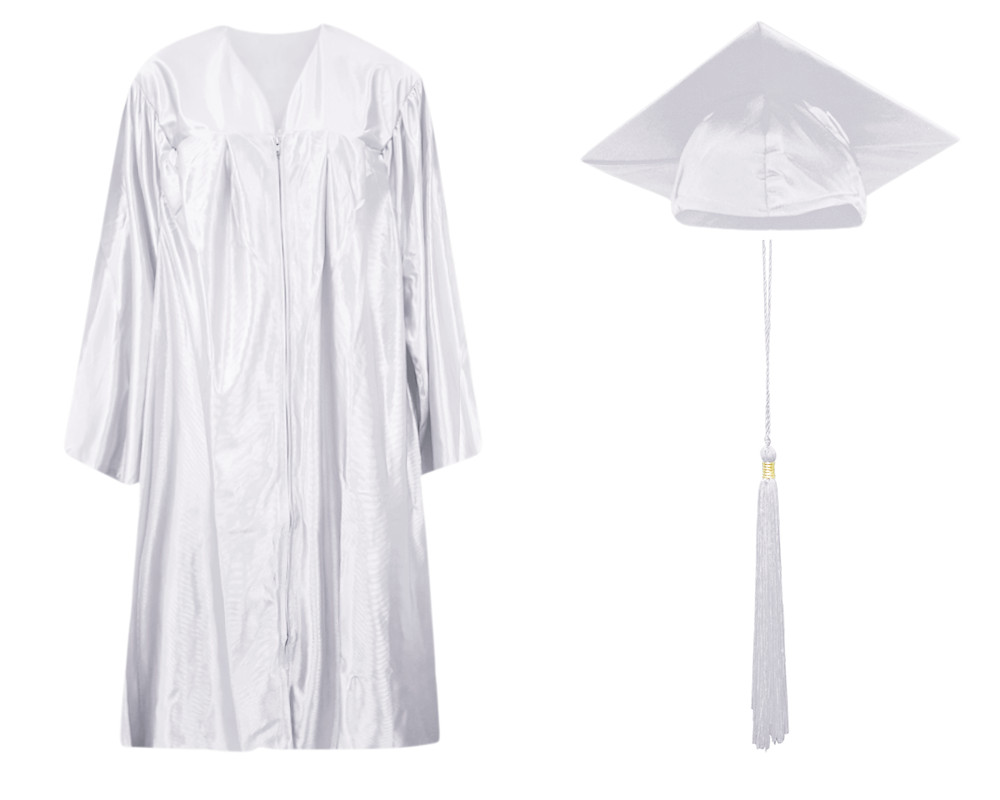 White Shiny Graduation Cap Gown and Tassel - 13 sizes available