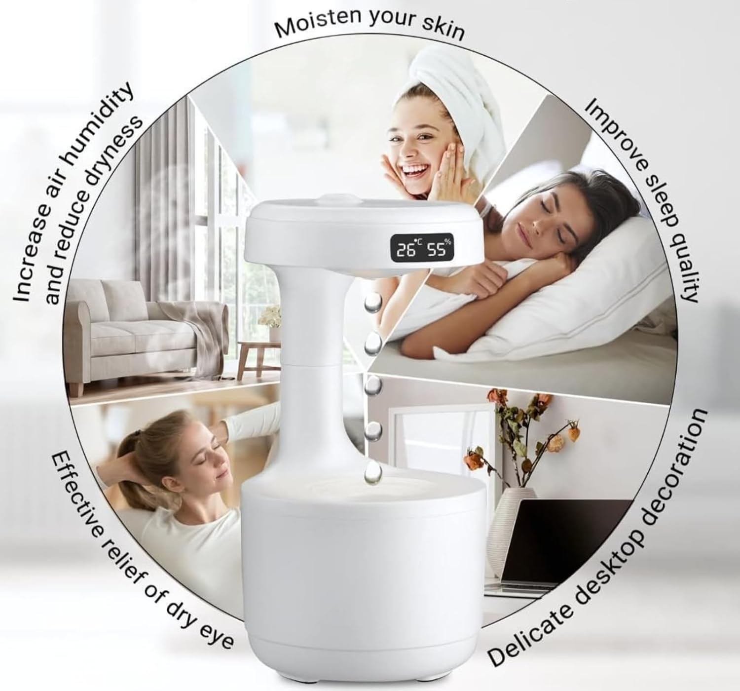 Anti-Gravity Water Drop Humidifier with LED Clock Display, Temp & Humidity