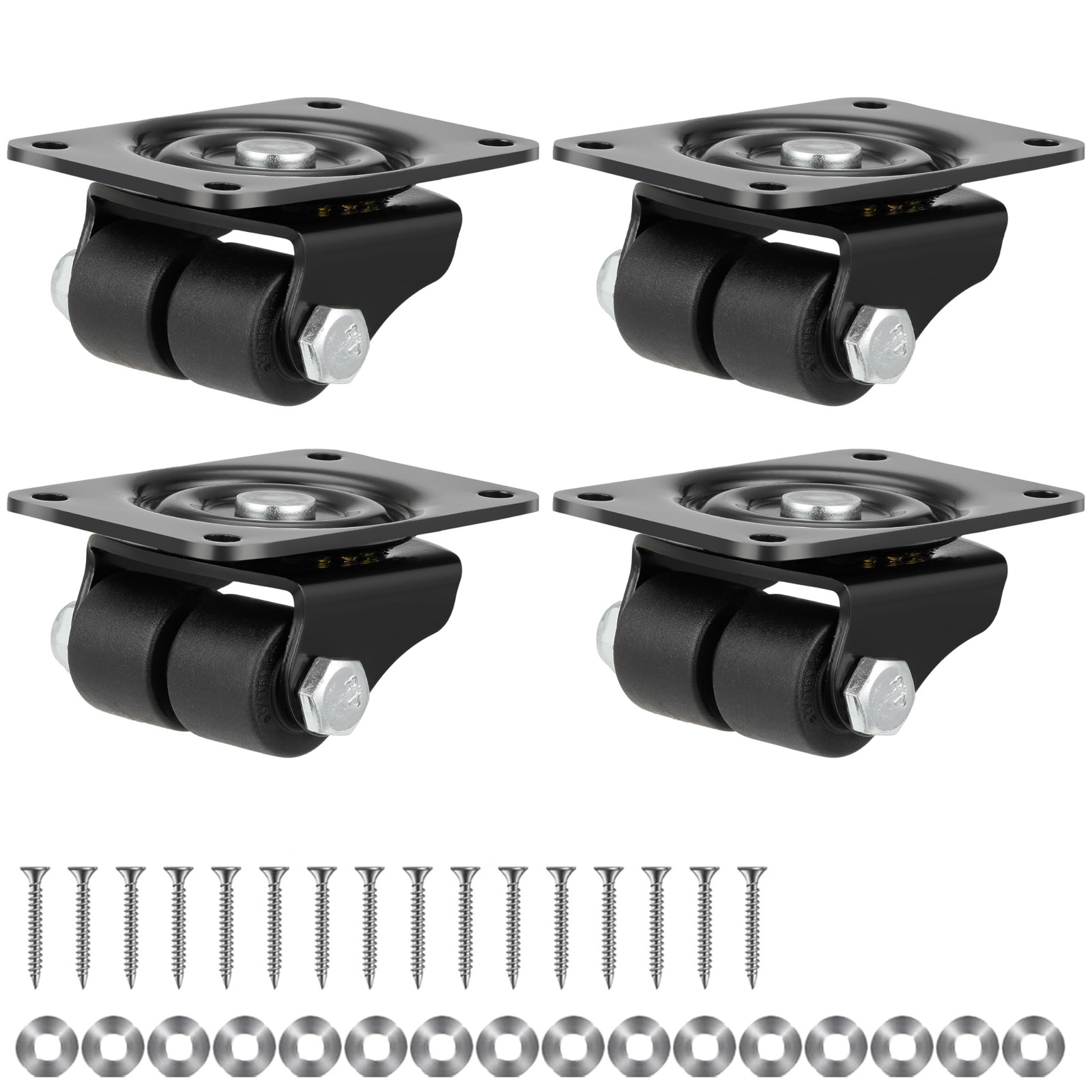 Caster Wheels 1 Inch Set of 4 Low Profile Double Wheels 1,100 Lbs Black