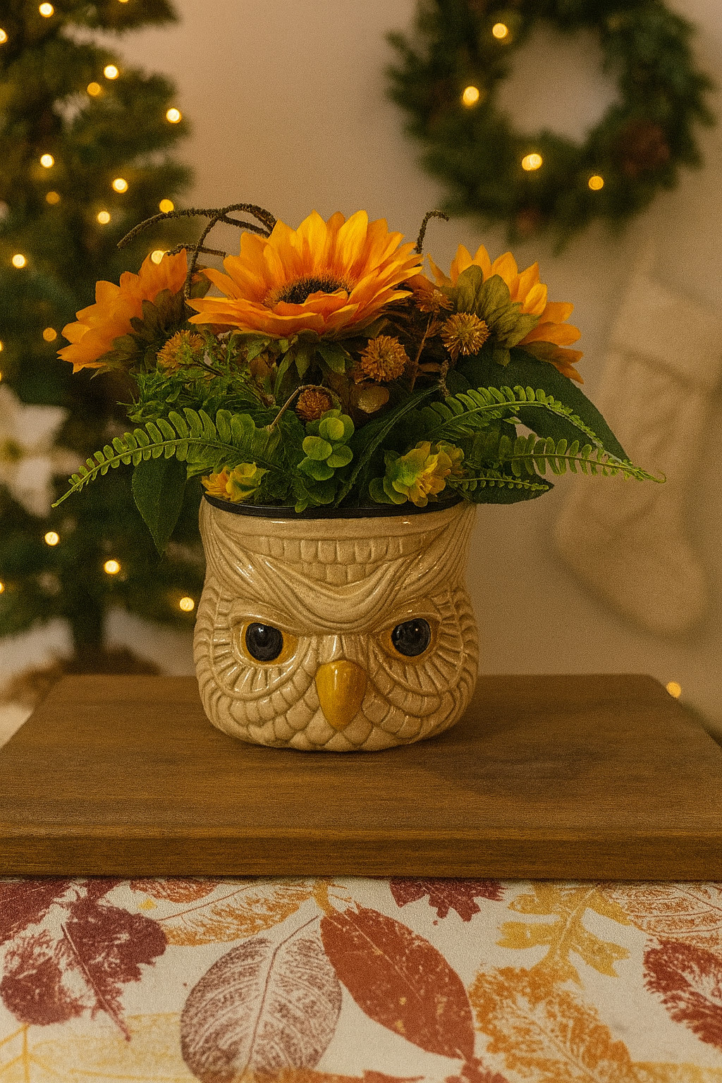 Handmade Sunflower Floral Arrangement in Ceramic Owl Planter