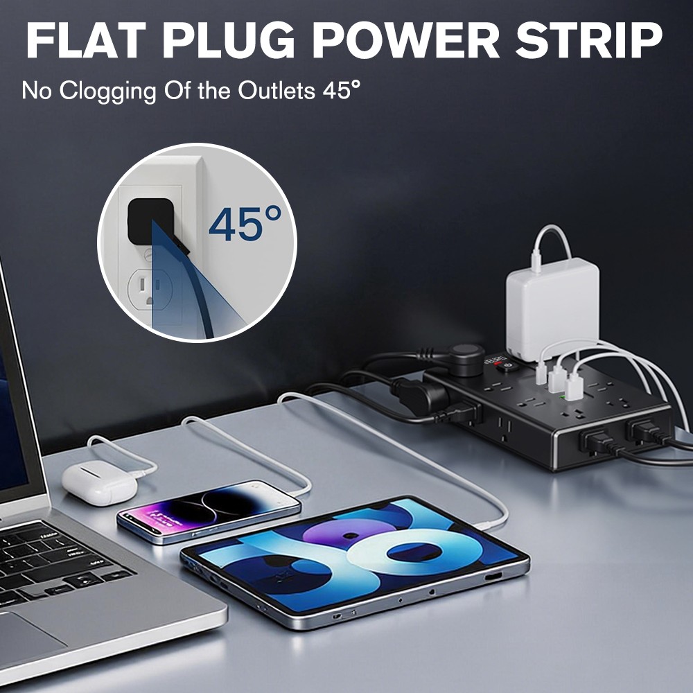 16 Outlets Power Strip USB C Type C Charger Surge Protector Flat Plug 6.5ft