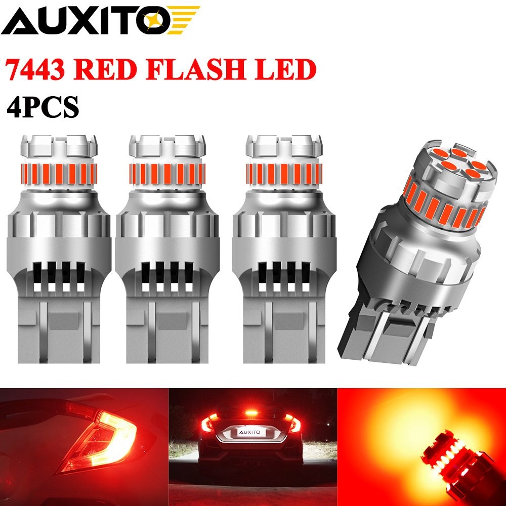 4X AUXITO 7443 LED Red Strobe Flash Blinking Brake Stop Tail Parking Light Bulbs