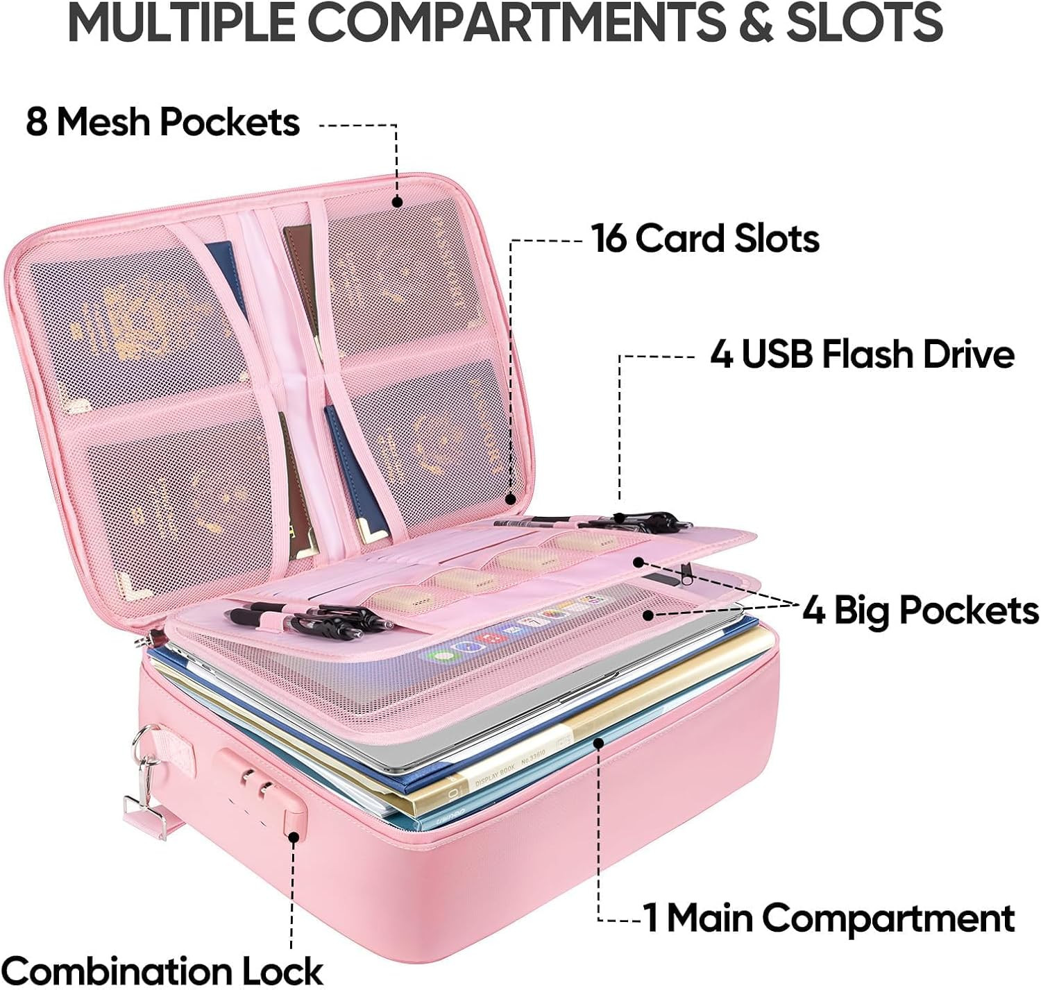 Fireproof Waterproof Document Box Lock Portable File Organizer Pink 15"