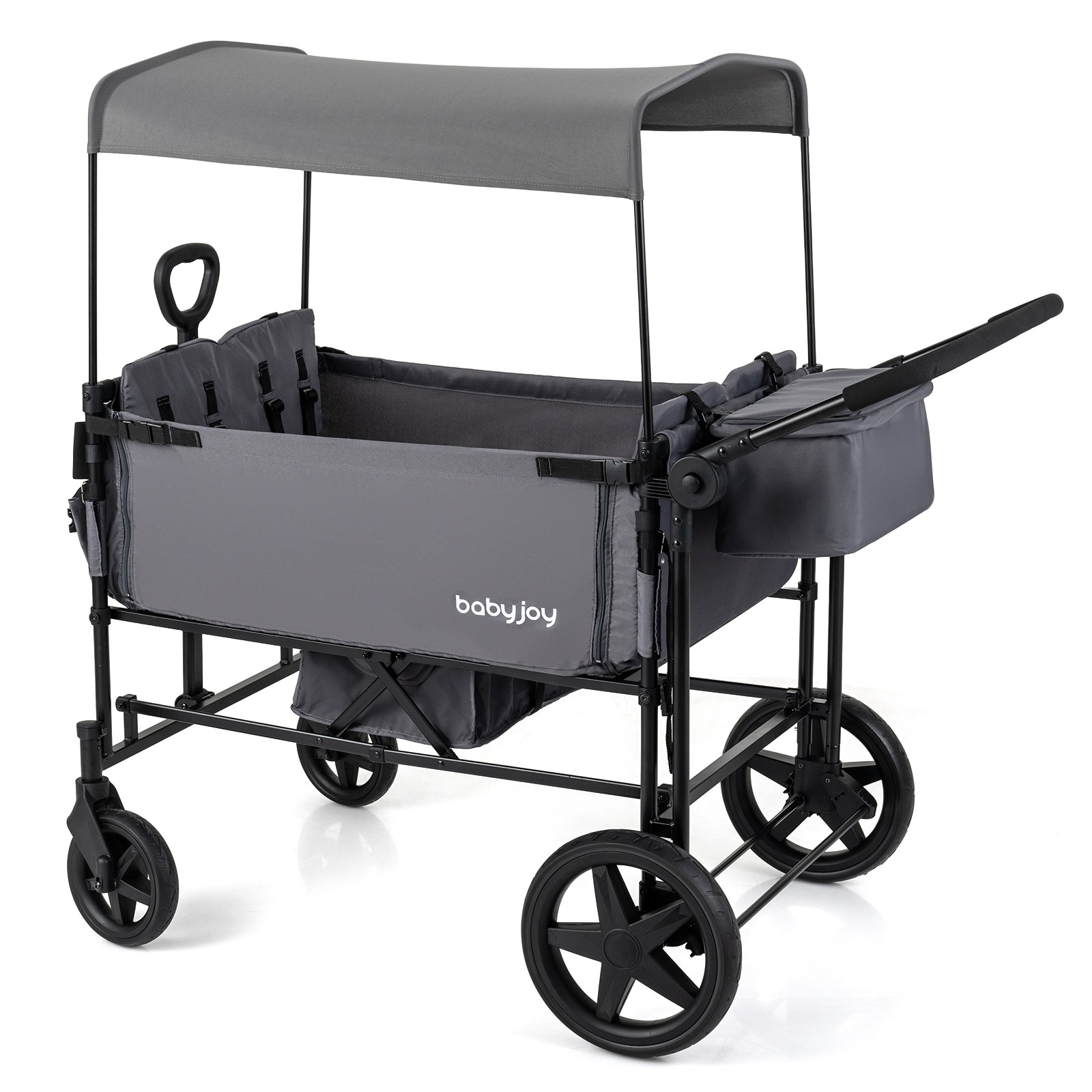 Foldable Wagon Stroller for 4 Kids with Removable Canopy, One-step Brake System