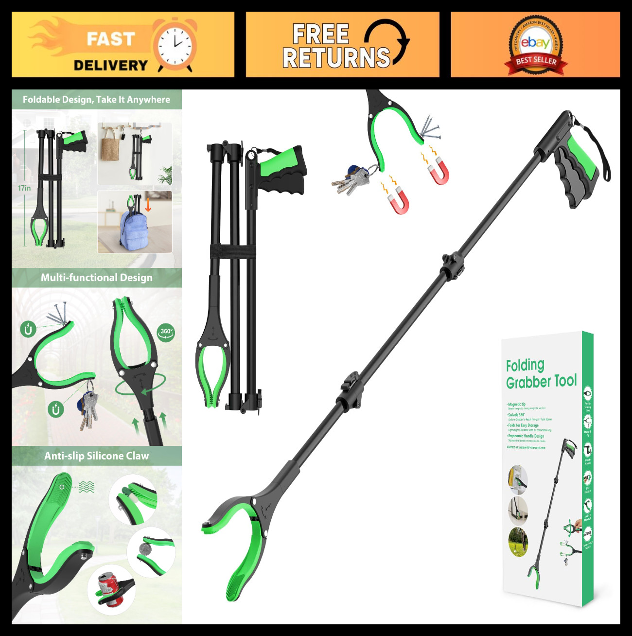 52" Extra Long Foldable Grabber Tool - 360° Rotating Jaw, Magnetic Tip, Trash Pi