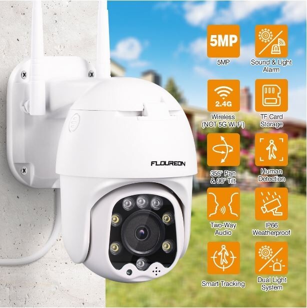Floureon 5MP 1920P Pan Tilt Outdoor Waterproof WIFI Security Camera Remote View