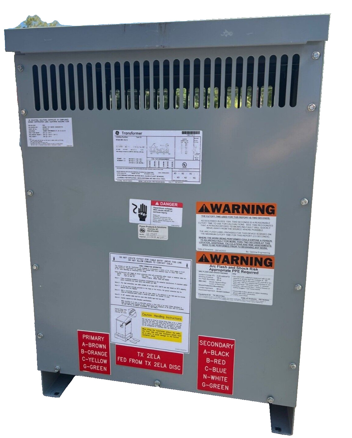30 KVA GE 9T83C9872G15 Transformer Pri 480V Sec 208/120V 3 Phase 3R Encl Outdoor