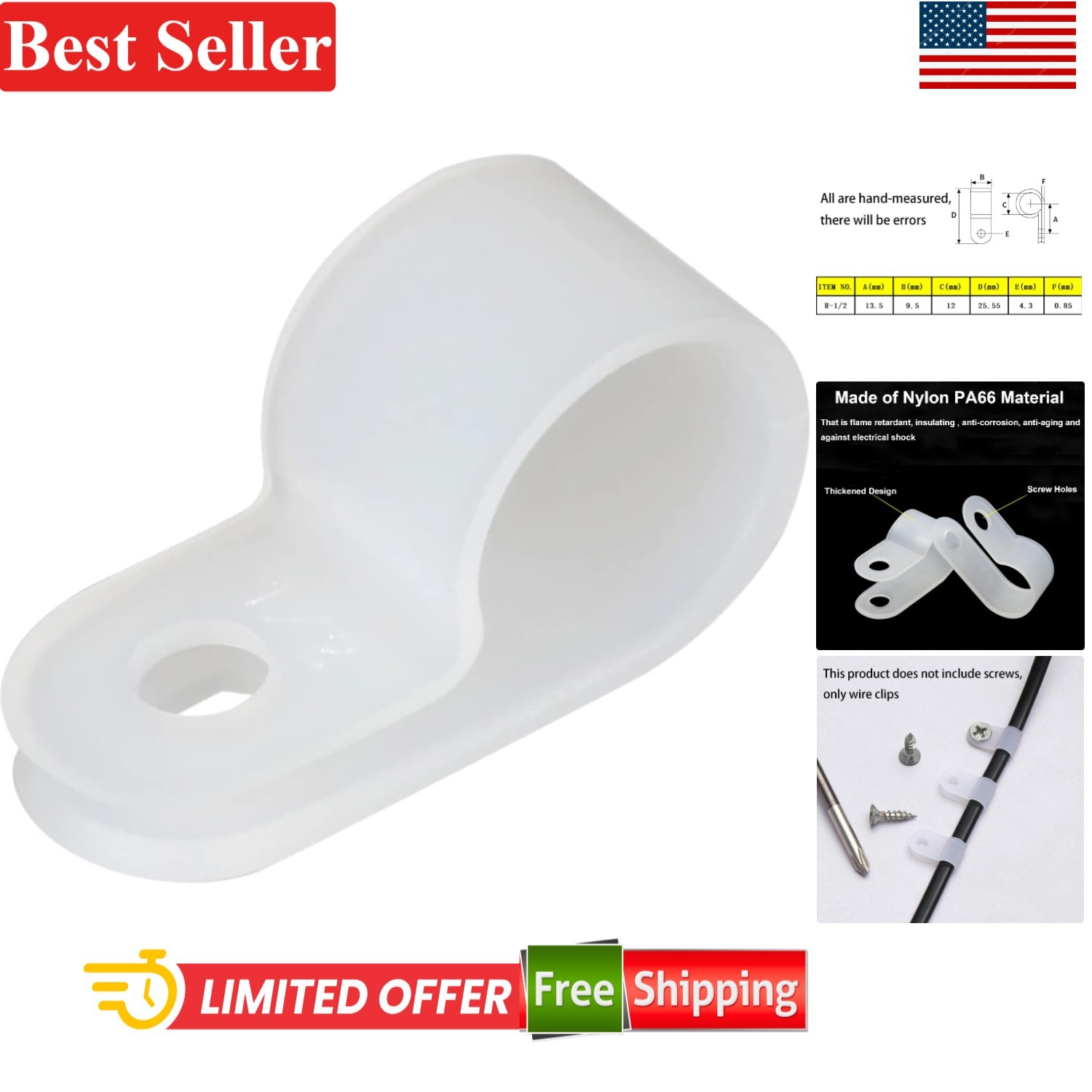 Cable Clamp Fastener 1/2 Inch R-Type White Nylon 200pcs