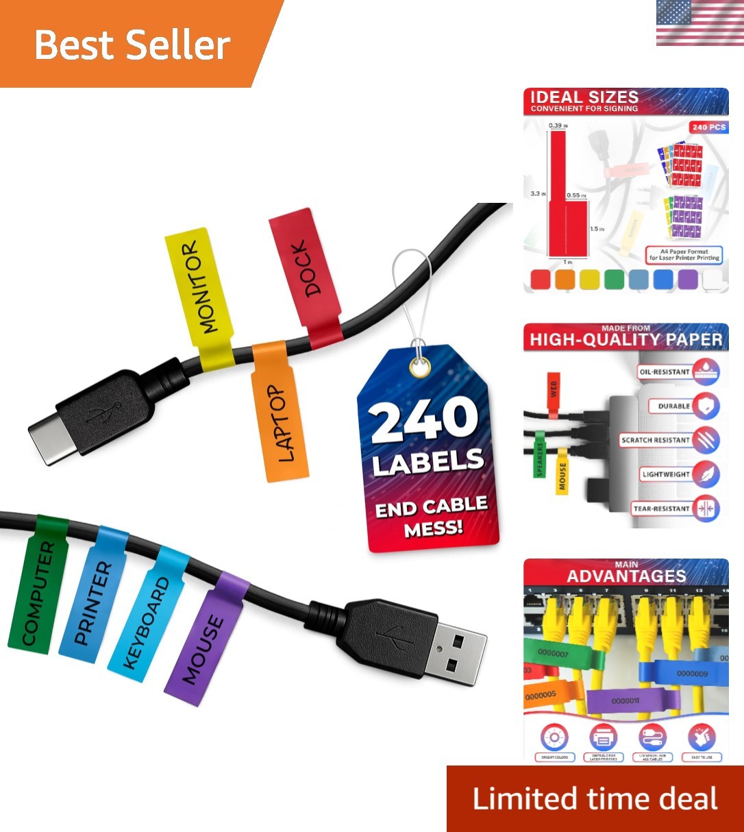 Tear-Resistant Cable Labels - 240 PCS Self-Adhesive Tags for Easy Organization
