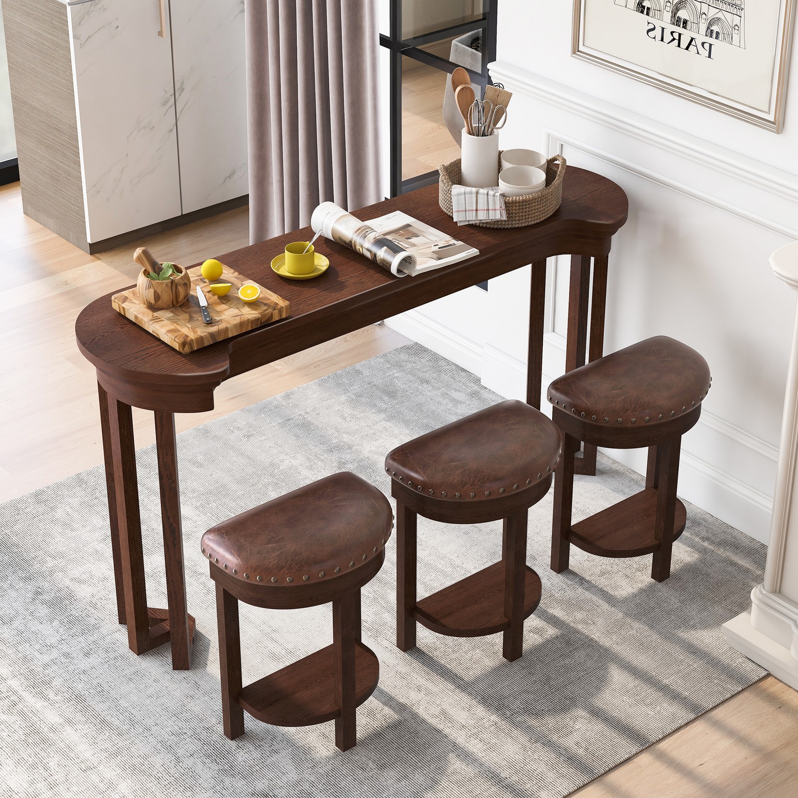 Bar Table Set + Upholstered Bar Stools, Breakfast Table Solid Wood Counter