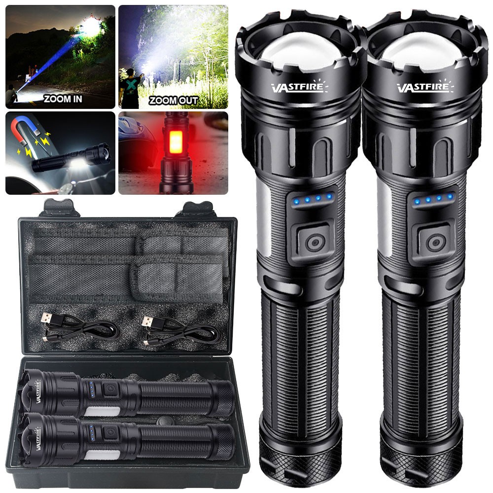 2Pack LED Flashlight Zoomable USB Rechargeable COB Super Bright Torch Light