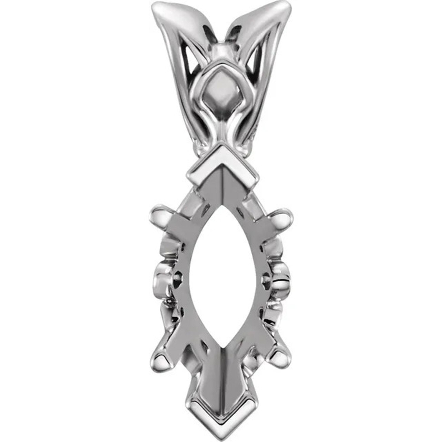 Marquise Cut Pendant Mounting 14K White Gold V End Prong Antique Scroll Setting