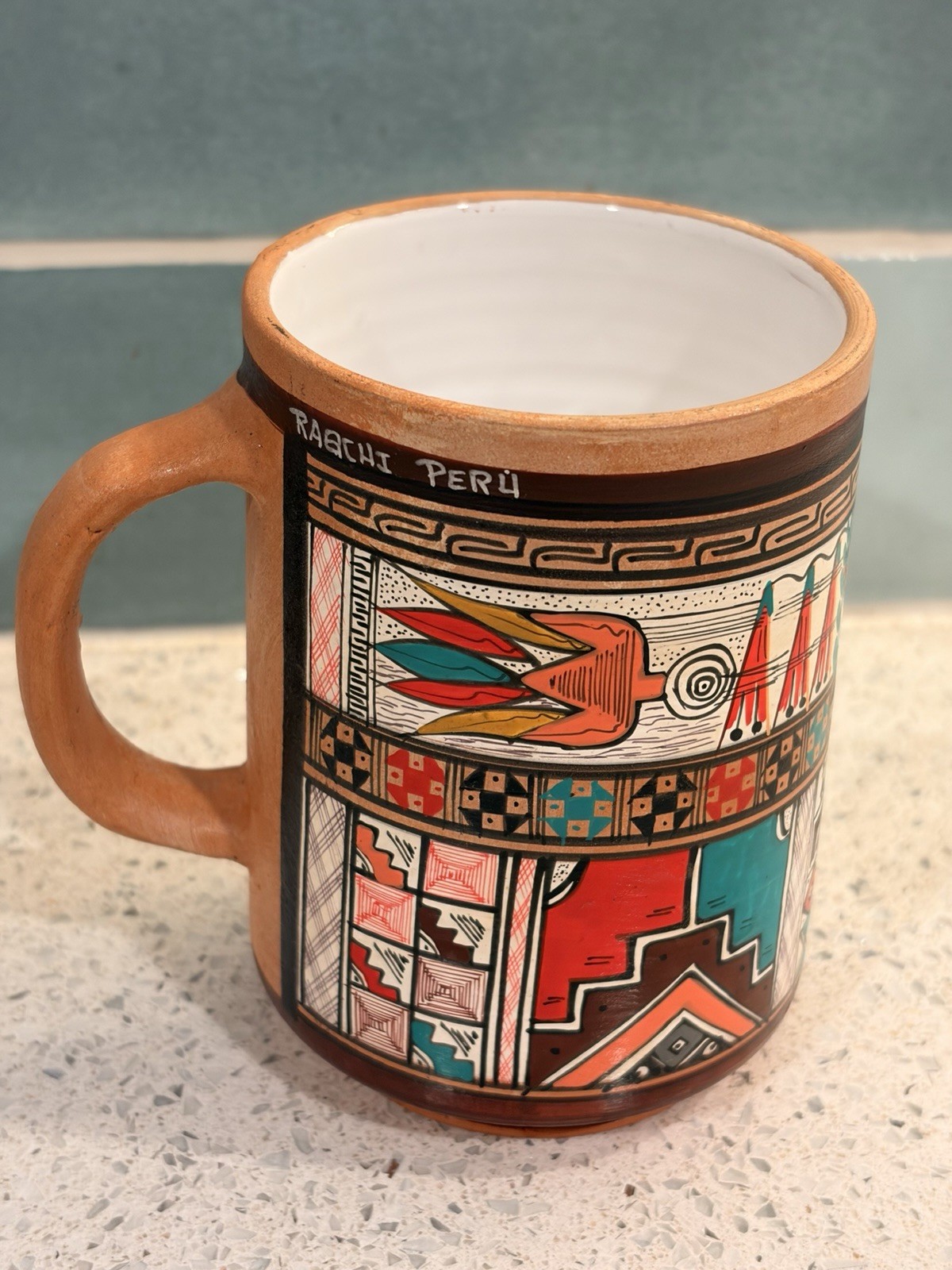 Raqchi Peru Hand Painted Folk Art Terra Cotta Coffee Cup Mug
