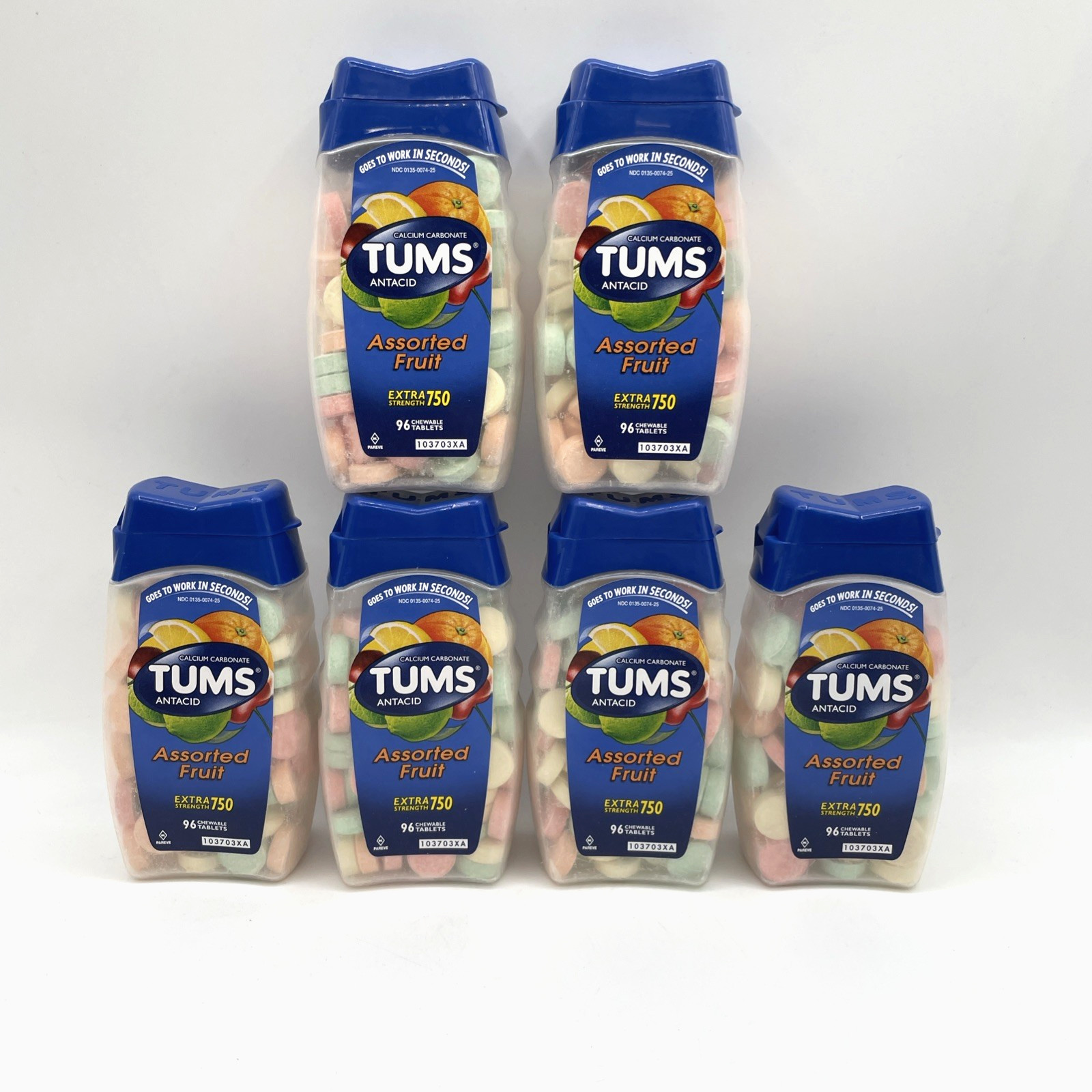 Tums Antacid Plus Calcium Supplement  Assorted Fruit 96 tabs 6 Pack