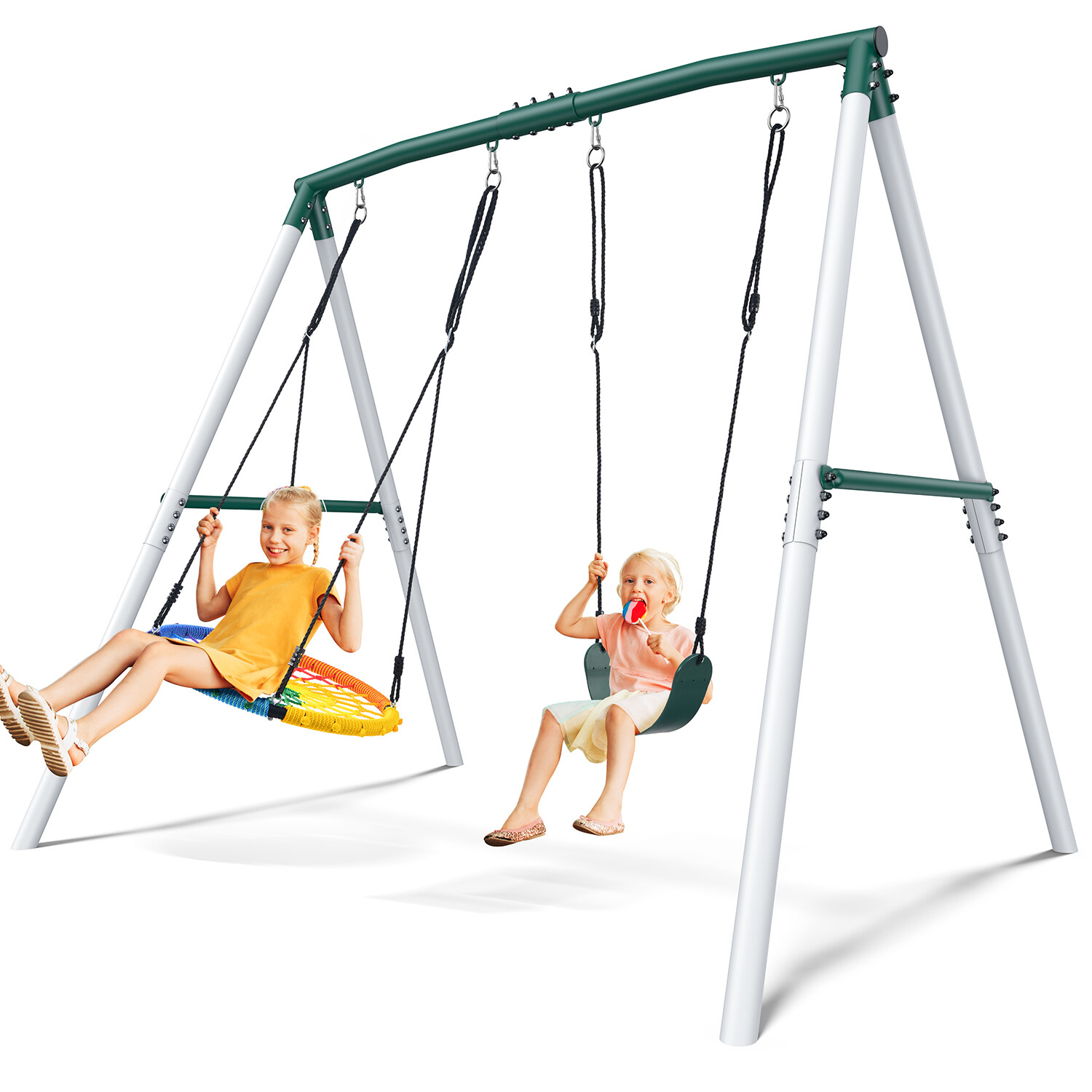 Heavy Duty 7.5ft Frame Metal Swing Set for Backyard with 2 Swings Kids Swing Set