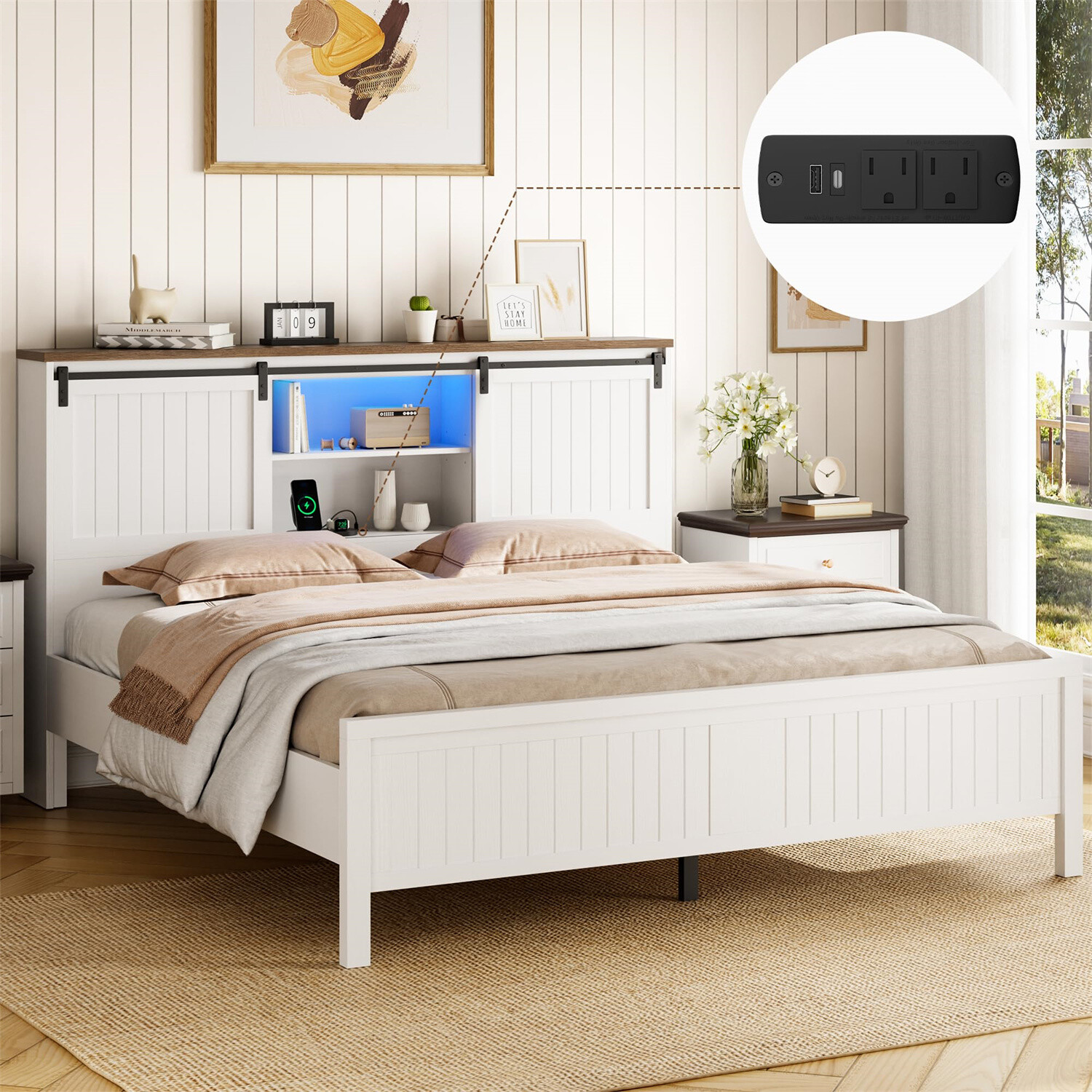 🔥Farmhouse Bed Frame W/LED Lights and Charging Station Wooden Platform Queen/Fu