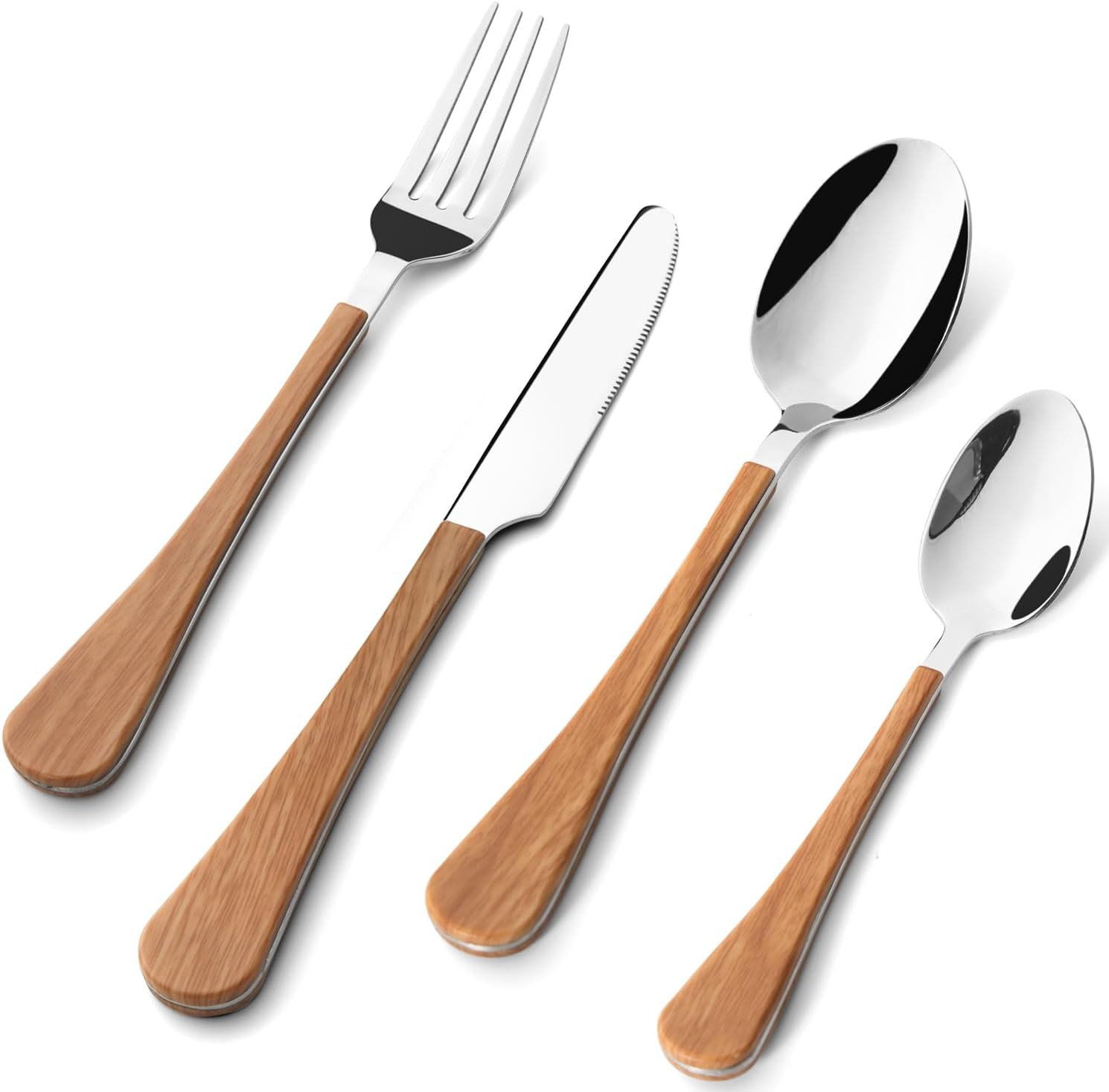 Silverware Set for 4, Wood Handle Grain 16 Piece Heavy Duty Stainless Steel