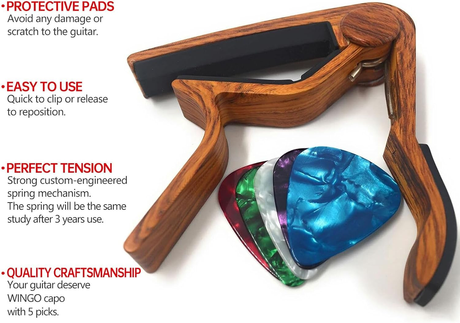 WINGO Guitar Capo for Acoustic and Electric Guitars - Rosewood Color with 5 Pick