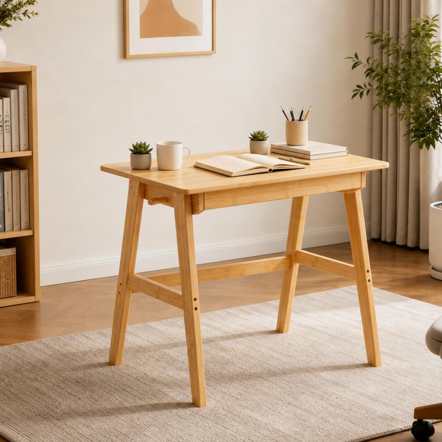 Writing Computer Desk with Drawer, 31" Small Simple Bamboo Table, Home Office Co
