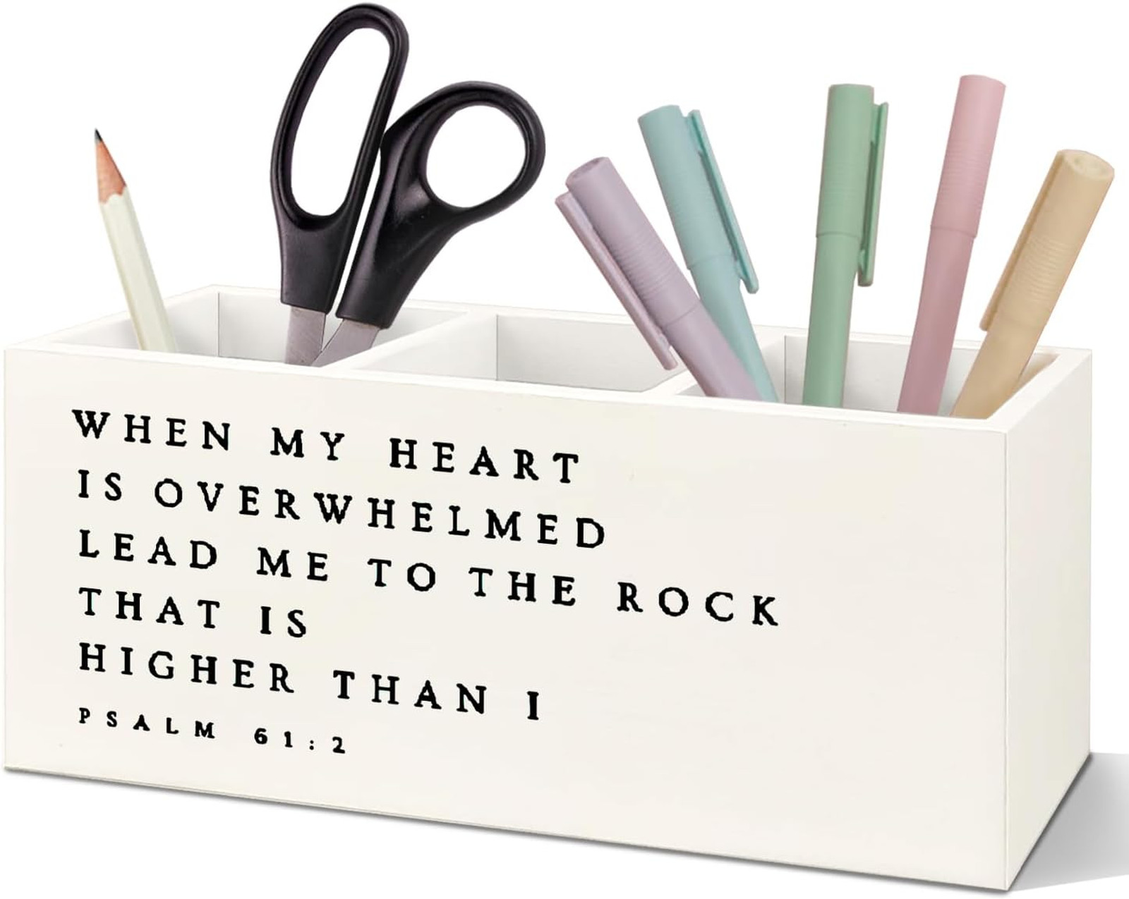 Christian Pen Holder Organizer for Desk with Psalm 61 2 Bible Verse Wooden