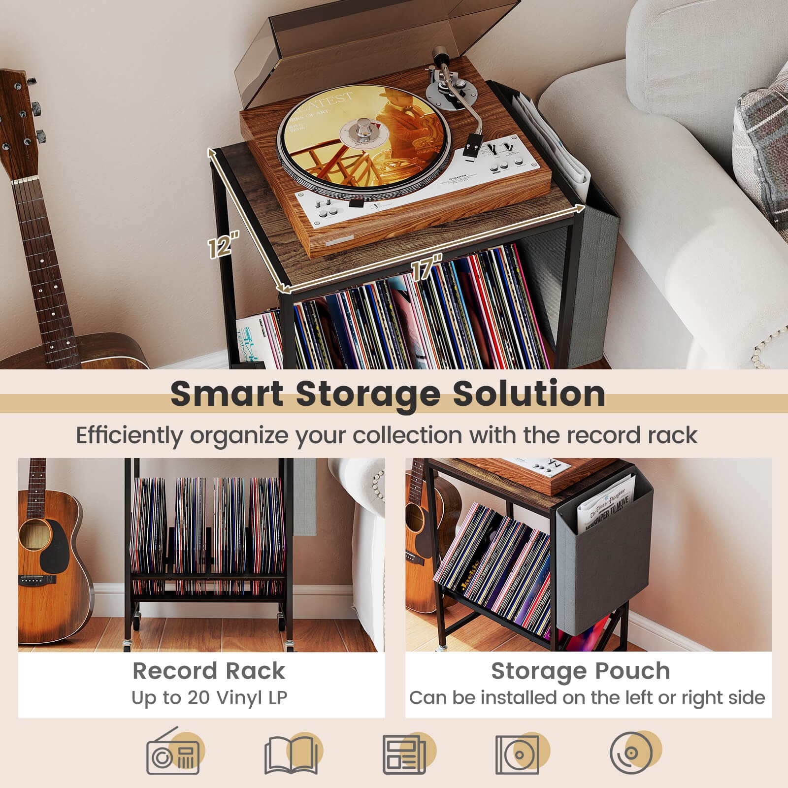 Record Player Stand w/Vinyl Record Storage & Side Storage Pouch, Swivel Wheels