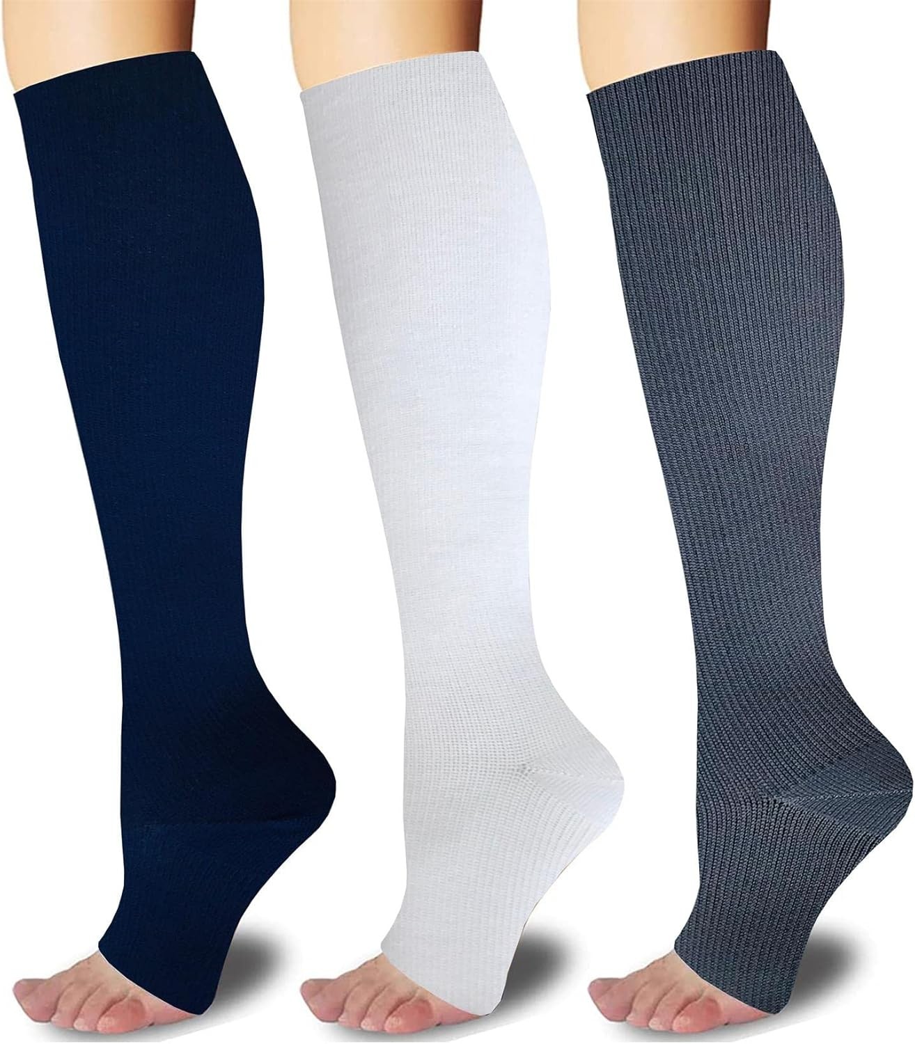 3Pairs Toeless Open Toe 15-20mmHg Small/Medium (3 Pair), White+gray+navy