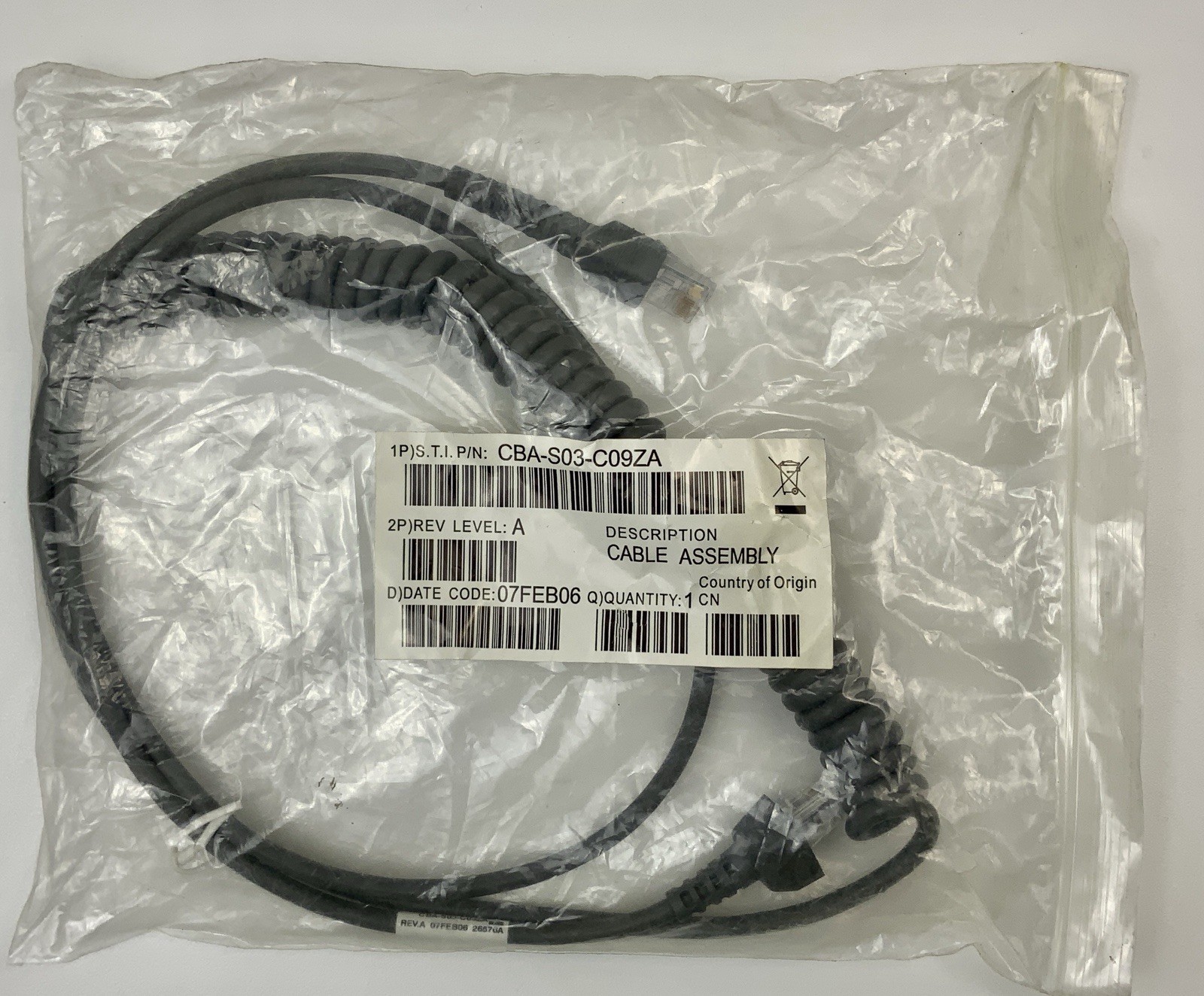 Zebra Scanner Cable CBA-S03-C09ZA Assembly : Brand New