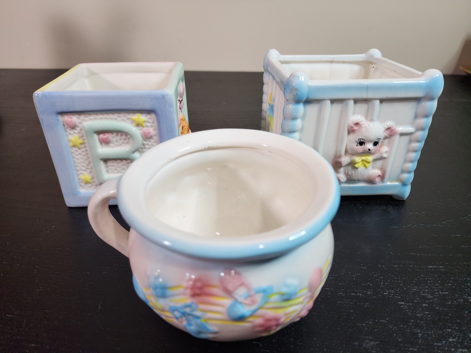 THREE Vintage American Bisque 4" Planters BABY BLOCKS & MUG Shower Gift