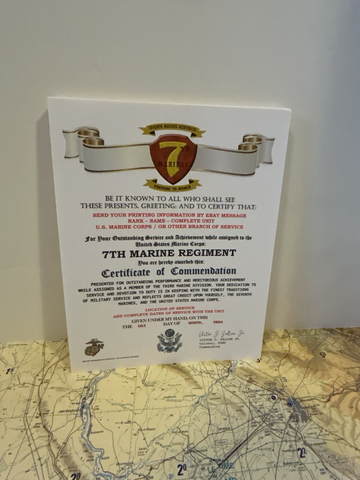U.S. MARINE CORPS / 7TH MARINE REGIMENT (3 MARDIV) - CERTIFICATE OF COMMENDATION