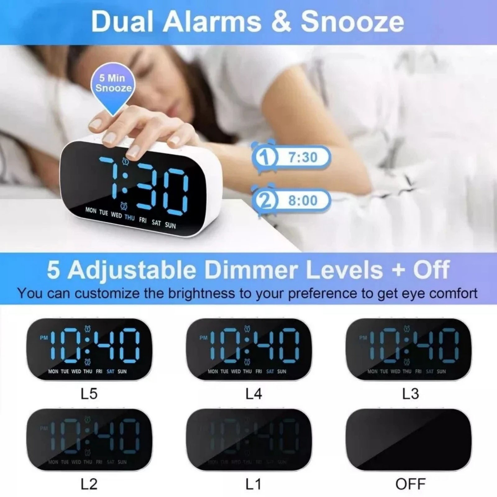 Auto Dimming Large LED Display Digital Alarm Clock With Snooze For Bedroom